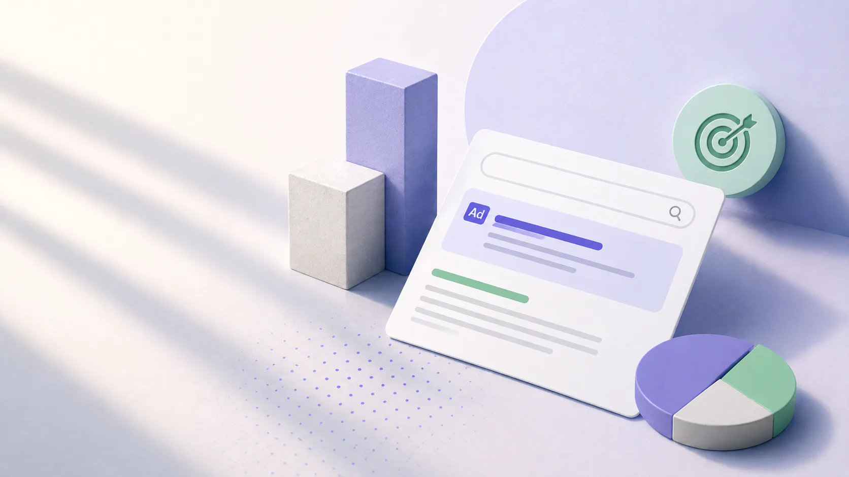 3D illustration showing a search advertising interface with performance bars, a target icon, bar chart, and geometric shapes representing PPC campaign data and conversion tracking.