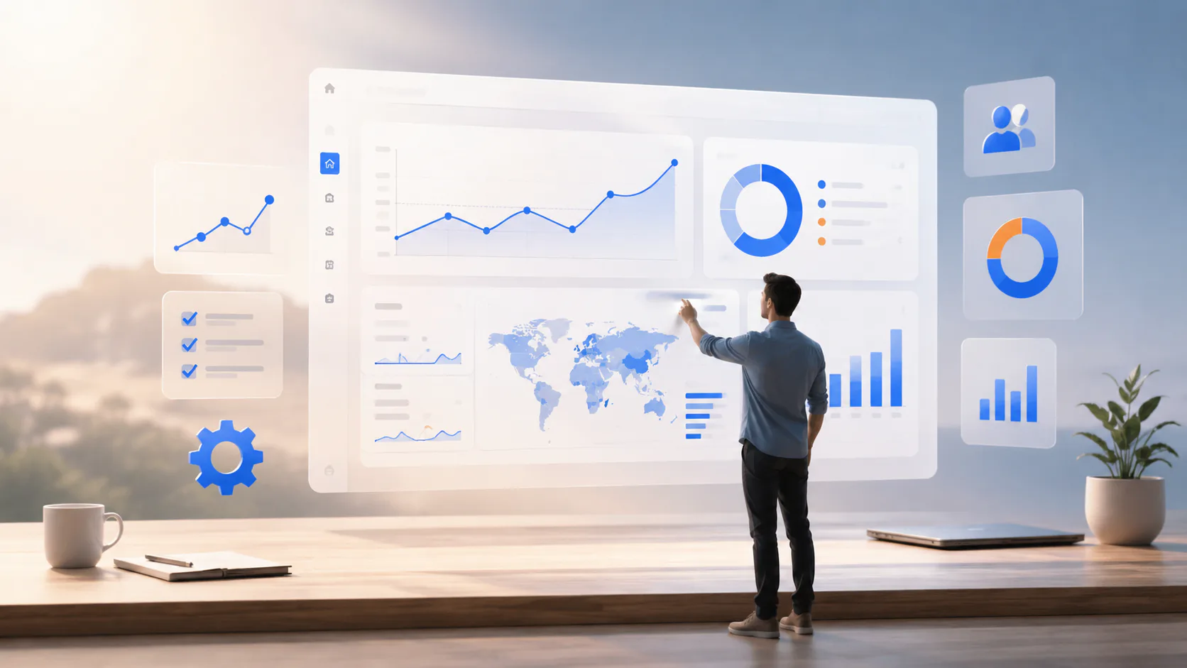 Professional man pointing at large digital display showing Google Analytics dashboard with line graphs, donut charts, world map, bar charts, and data visualizations in blue tones.