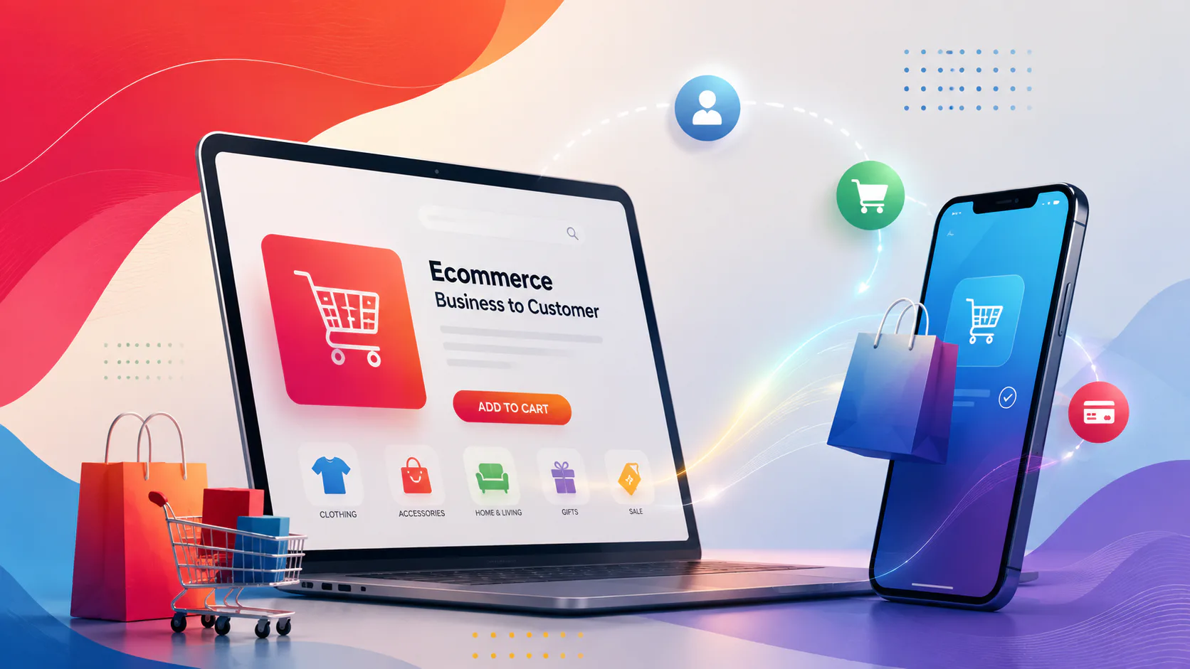 Laptop displaying ecommerce website with shopping cart icon and product categories, smartphone showing shopping app with cart and checkmark, shopping bags, floating payment and user icons illustrat...