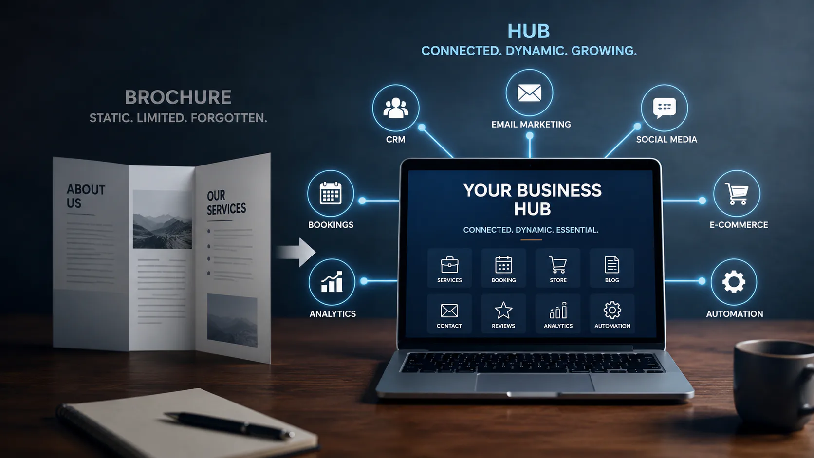 Laptop displaying business website hub with CRM, email marketing, social media, e-commerce, bookings, analytics, and automation icons connected around central dashboard, next to traditional brochur...