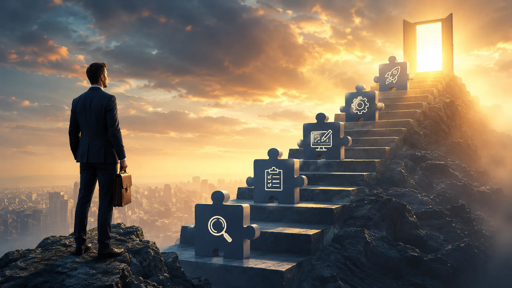 Businessman in suit standing on rocky outcrop overlooking cityscape, facing staircase made of puzzle pieces with business icons (search, checklist, monitor, gear, rocket) ascending toward glowing d...