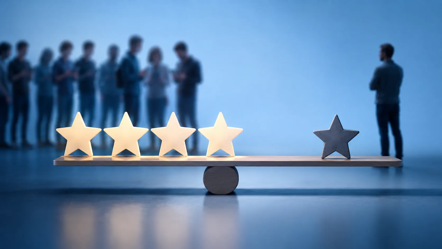 A balanced seesaw scale holding four gold stars on one side and one dark star on the other, with blurred business professionals in background against blue sky backdrop.