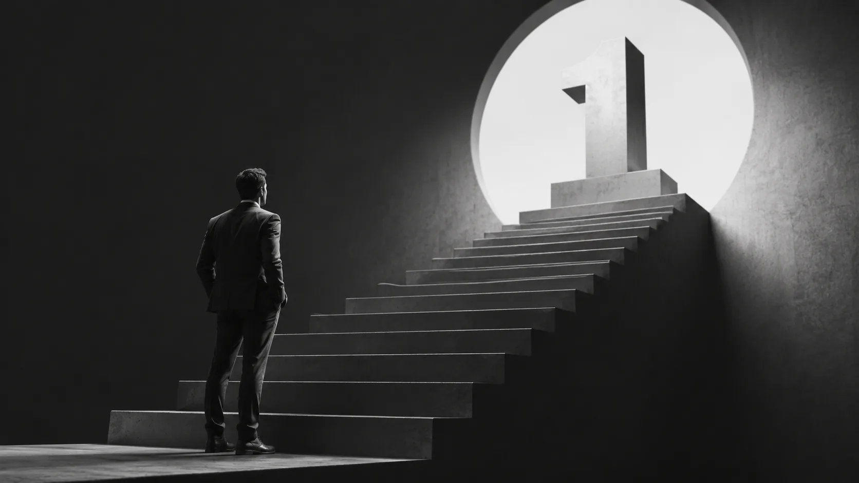 Man in business suit standing at the base of ascending stairs, gazing upward toward a large illuminated circular window showing an abstract monument silhouette, symbolizing career progression and b...