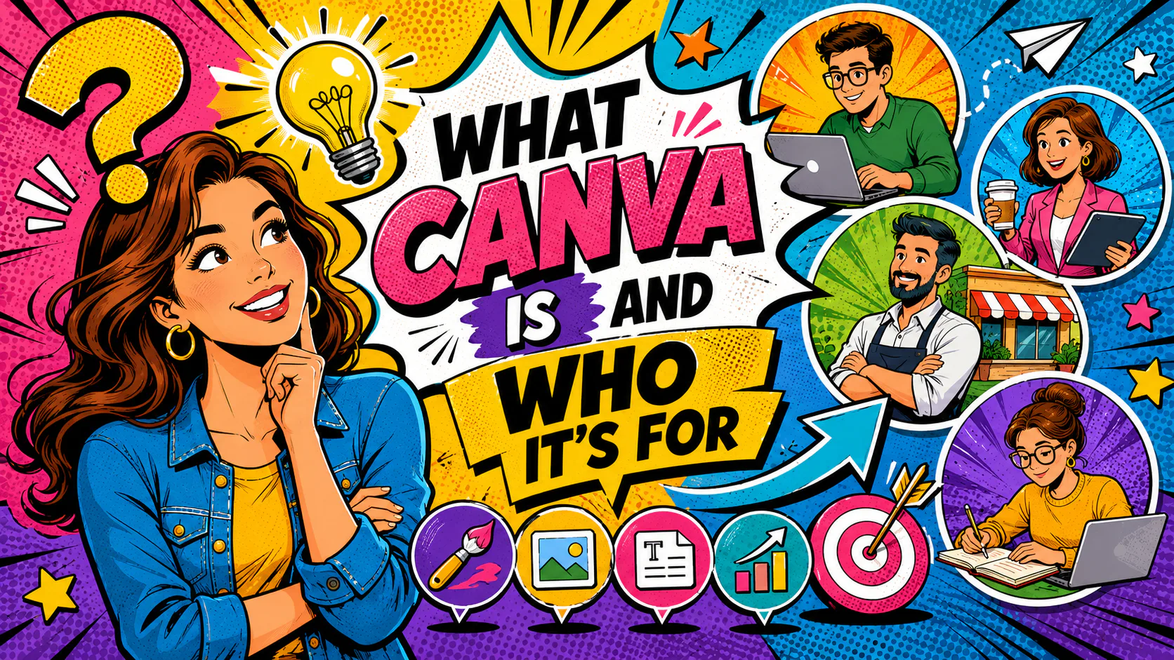 Comic-style illustration of a woman with a lightbulb idea symbol, surrounded by circular icons showing different professionals using design tools and software for various purposes like content crea...