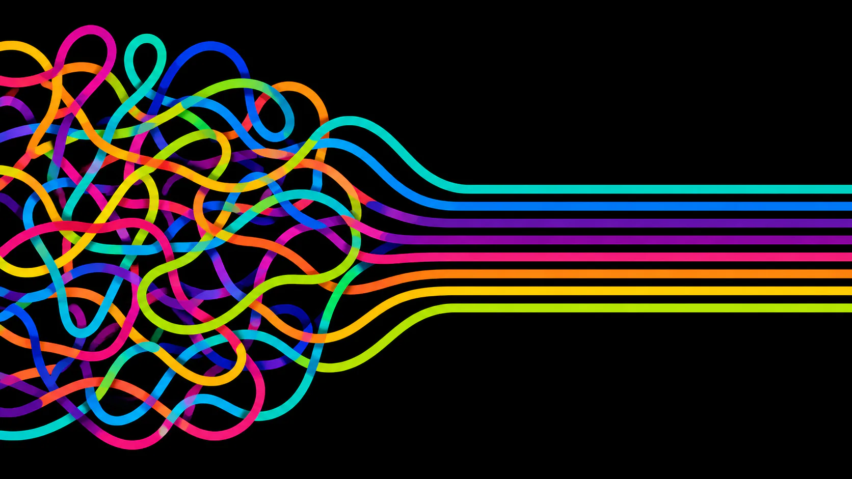 Vibrant neon colored lines tangled on the left side, gradually organizing and flowing horizontally toward the right against a black background, symbolizing digital marketing chaos becoming strategi...