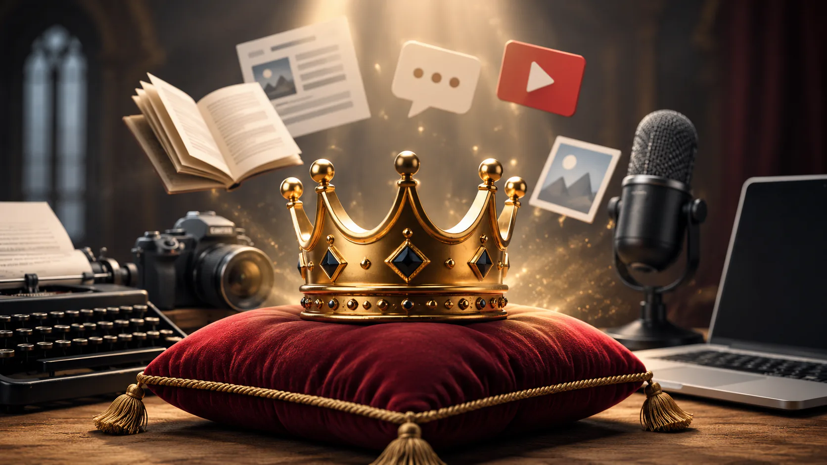 Gold crown with blue jewels sitting on red velvet pillow surrounded by digital content creation tools including camera, microphone, keyboard, laptop, open book, chat bubble, video play button, and ...