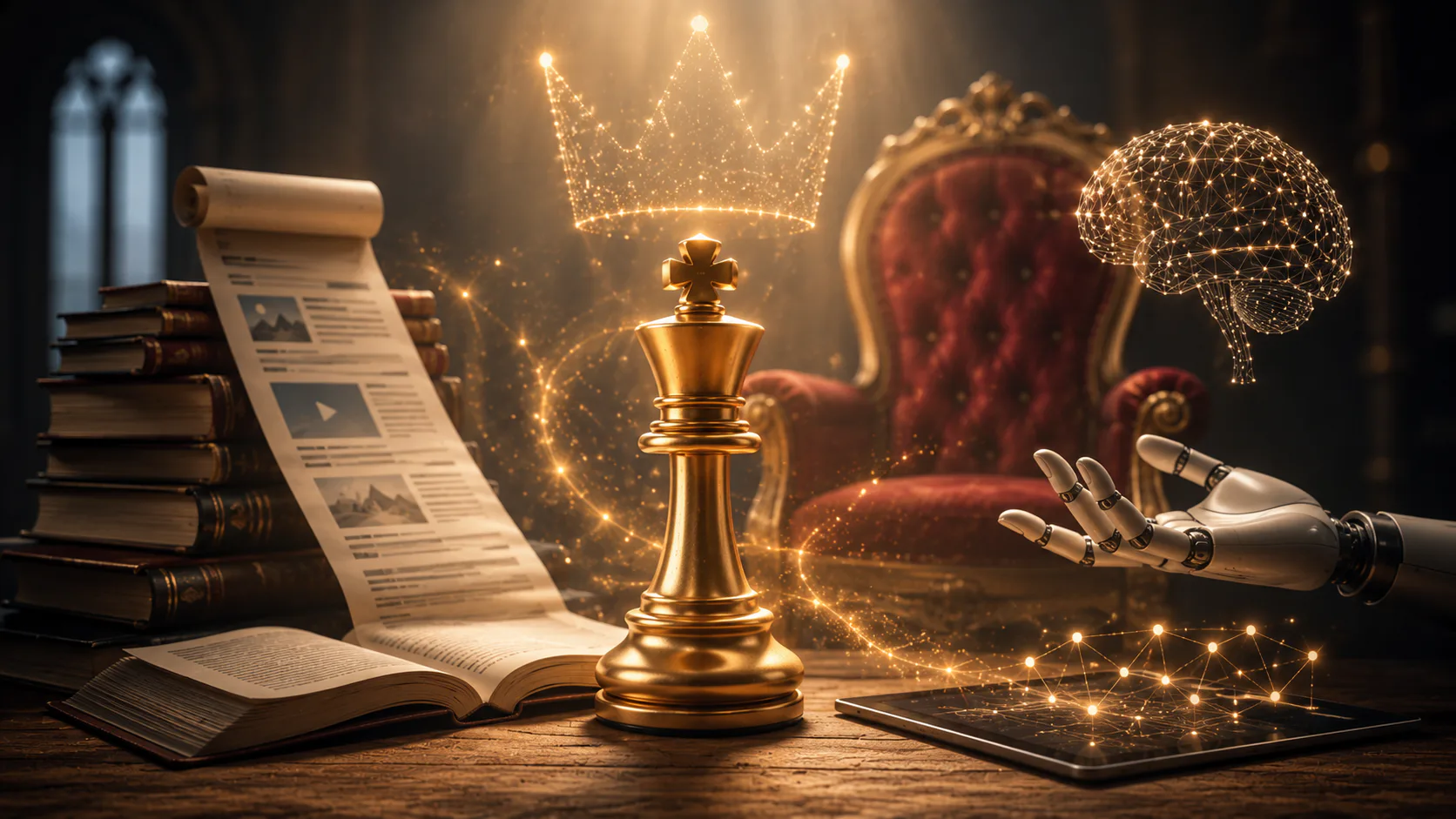 Golden chess piece with glowing crown, surrounded by books, digital tablet, AI brain wireframe, robot hand, and luxe red chair with illuminated background elements symbolizing digital strategy and ...