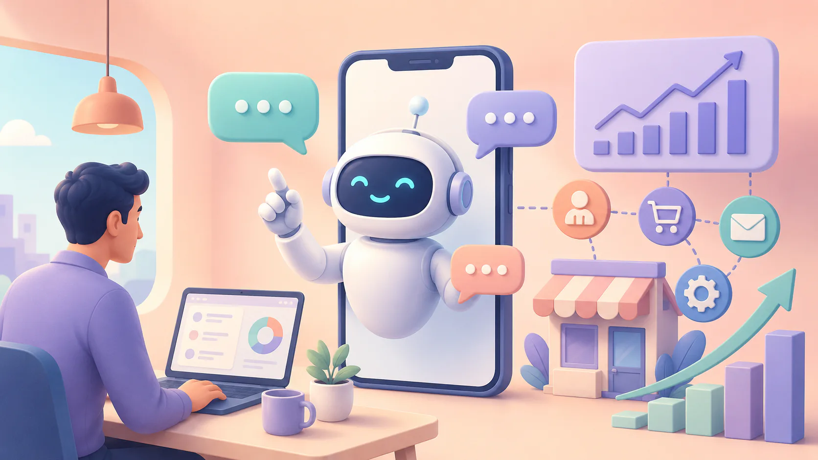 Illustration of man at desk with laptop monitoring a smiling robot chatbot on smartphone screen, surrounded by business icons including chat bubbles, growth chart, shopping storefront, email, and a...