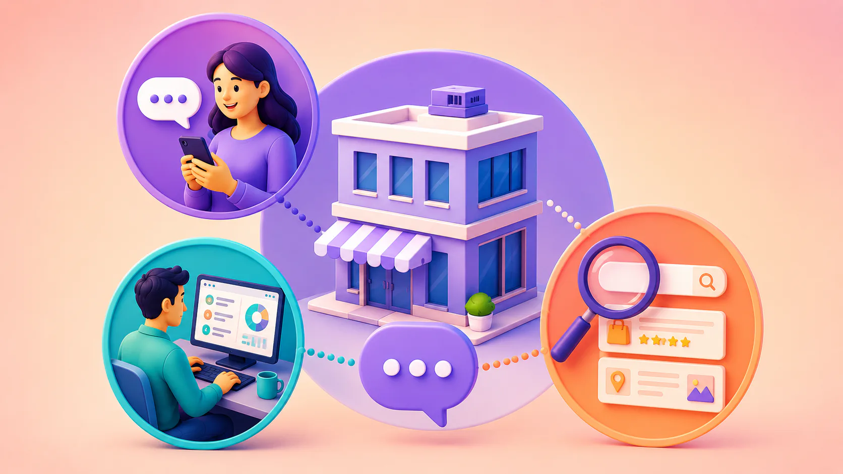 Illustrated diagram showing three interconnected business uses of conversational AI: woman messaging on smartphone, man analyzing data on laptop, and search interface with magnifying glass, connect...