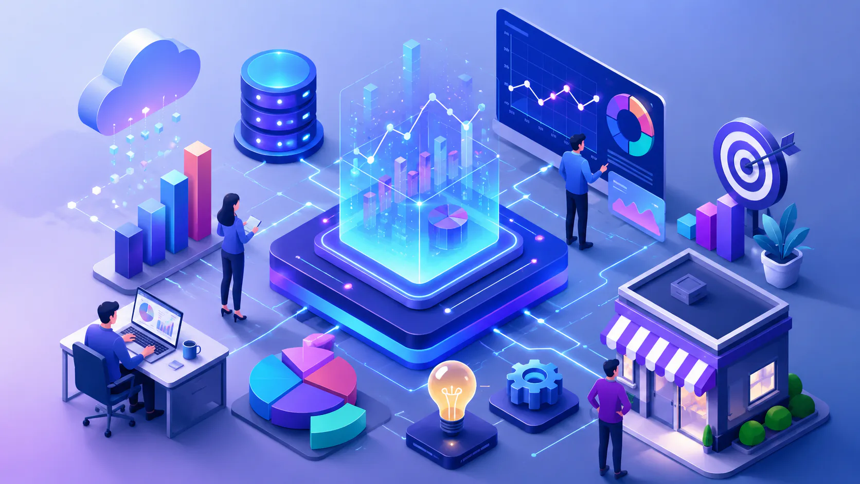 Isometric illustration of business professionals analyzing data with glowing charts, databases, analytics dashboards, pie charts, lightbulb icons, and digital devices on a purple gradient background.
