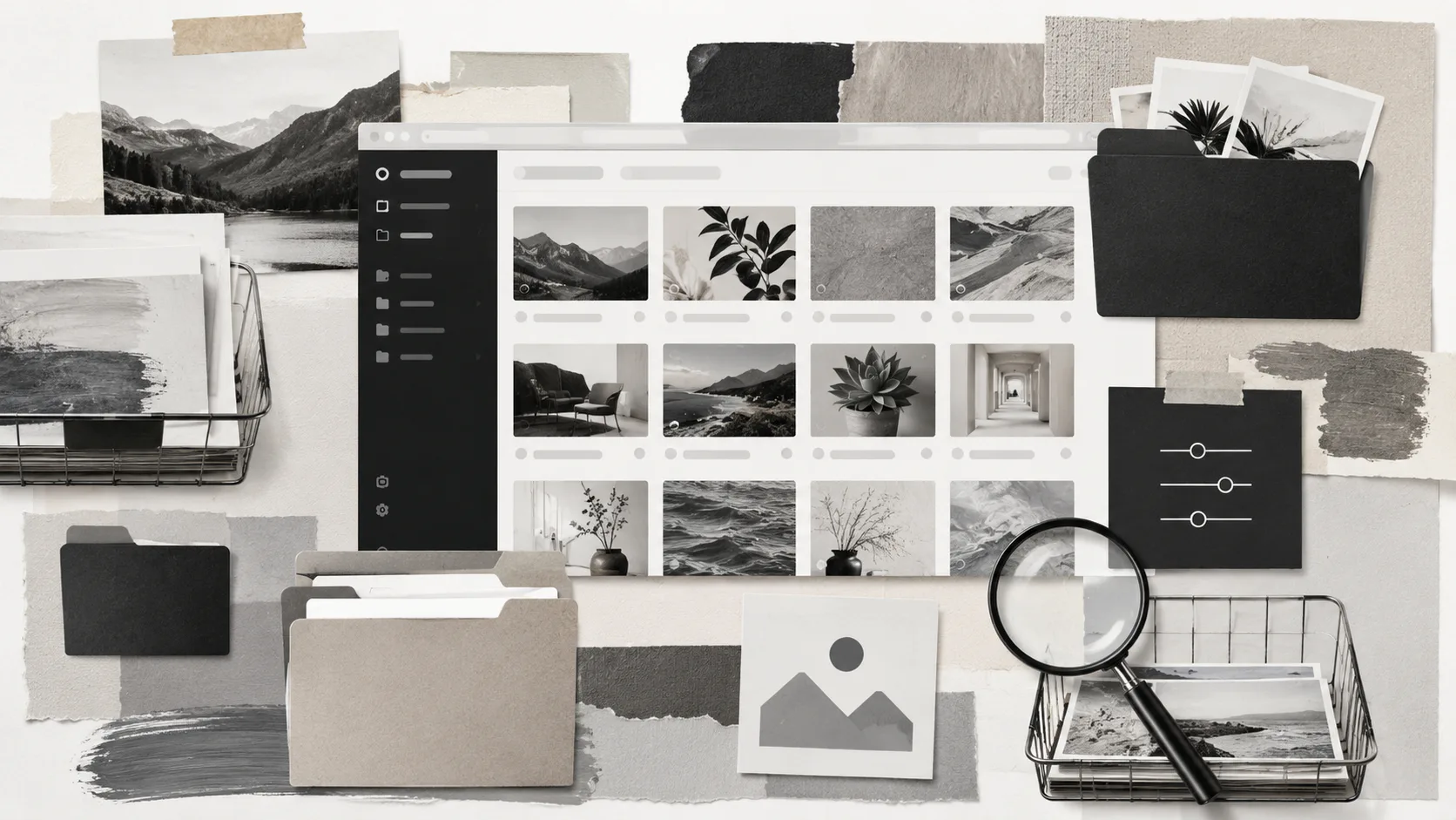 Overhead view of organized digital media library workflow showing folders, black sidebar navigation menu, grid gallery of black and white landscape and nature images, filing system, magnifying glas...