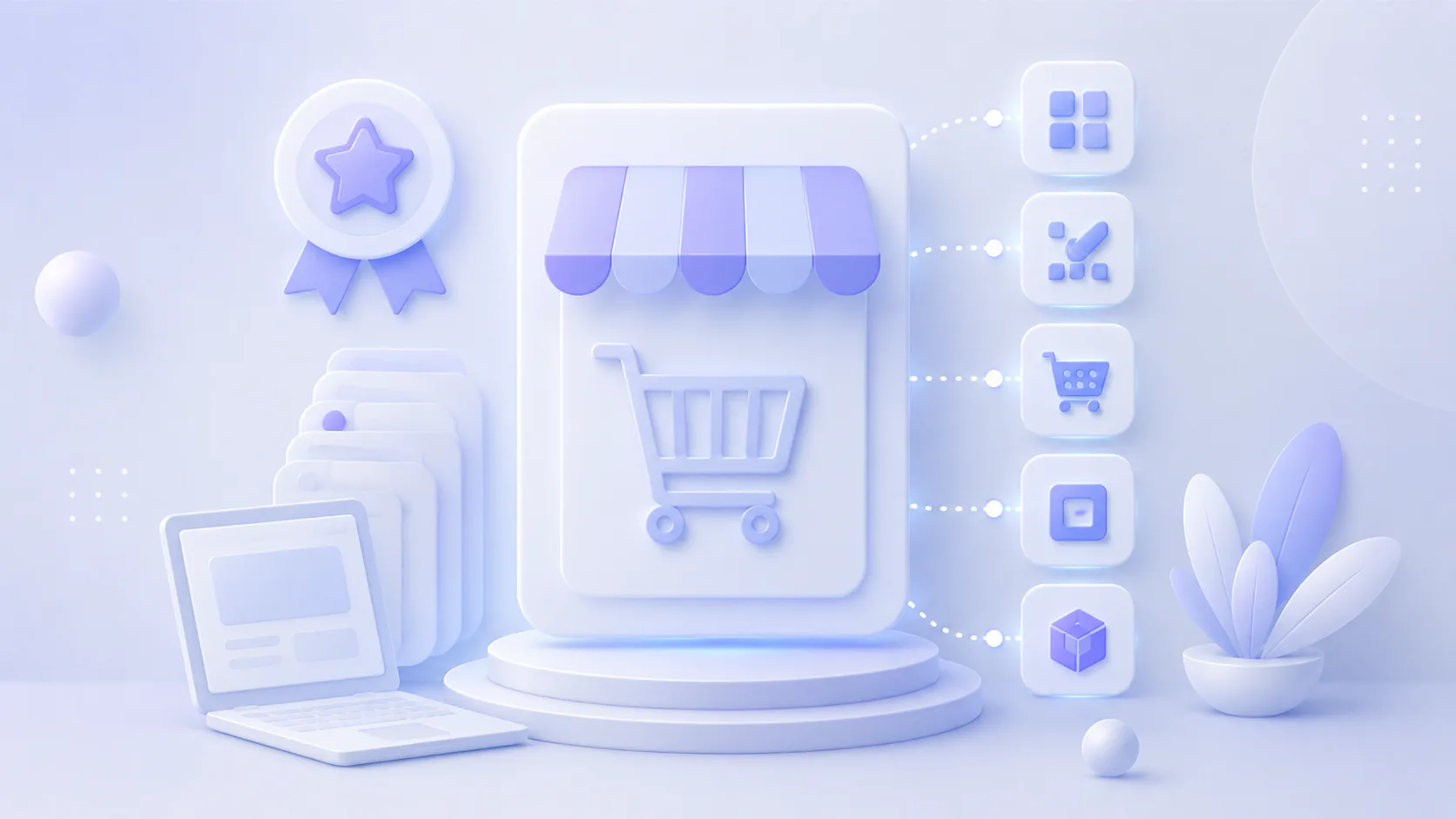 3D illustration of an online store with shopping cart, storefront awning, laptop, star badge, and connected icons for inventory, checkout, cart, analytics, and 3D boxes representing different ecomm...
