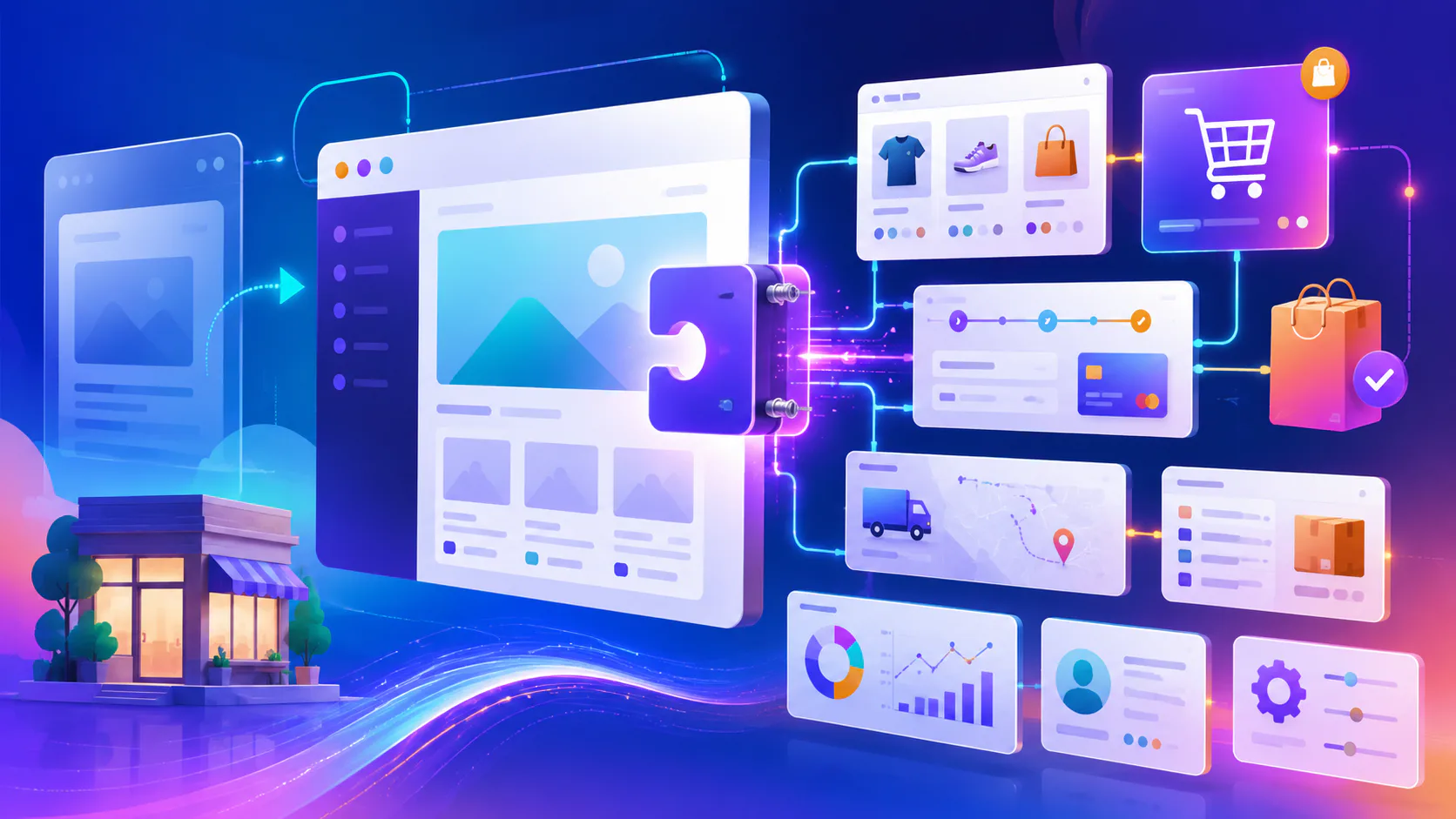 Digital illustration showing integrated e-commerce workflow with storefront, product catalog, shopping cart, payment processing, inventory tracking, analytics dashboard, and shipping management con...