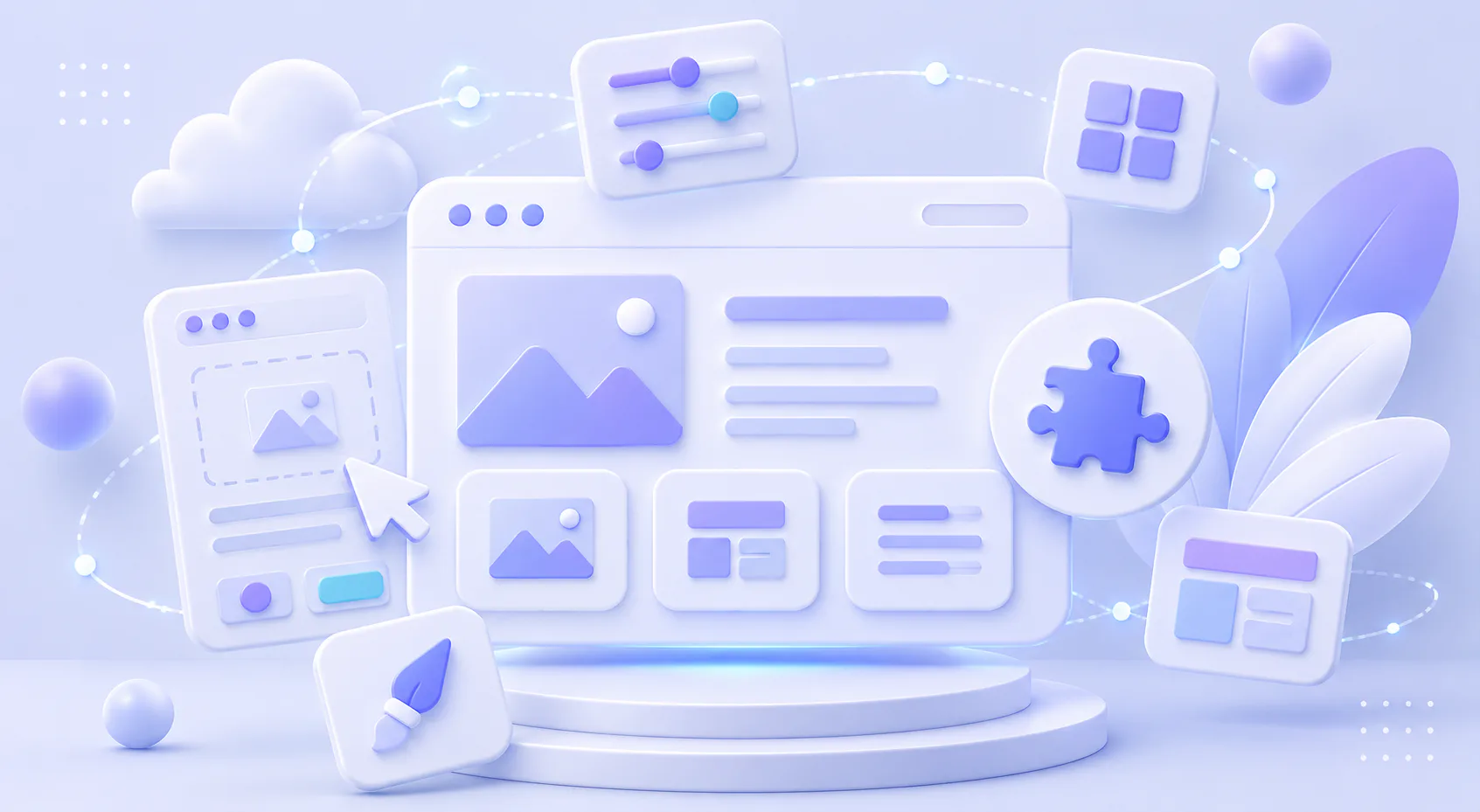 3D illustration of a modern ecommerce platform dashboard with multiple interface windows, settings controls, puzzle piece integration icon, rocket launch icon, cloud storage, and connected UI eleme...