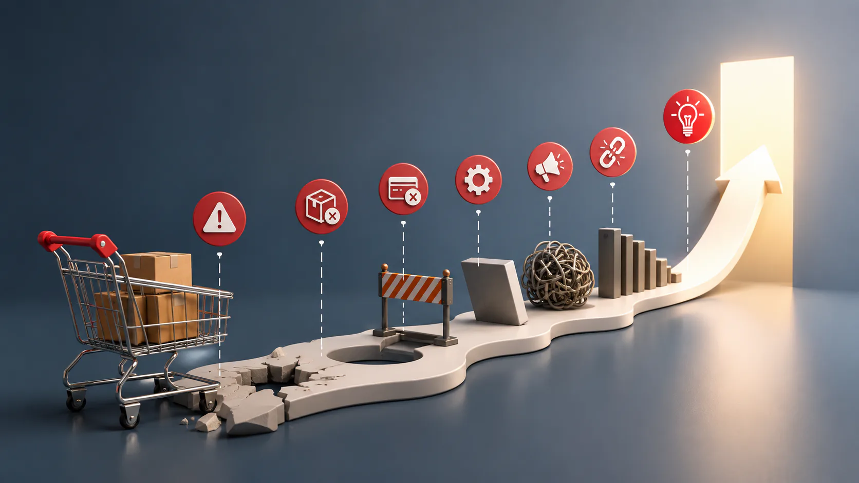 Illustrated journey path showing seven red problem icons connected by dotted lines, starting with shopping cart and progressing through warning, package, barrier, gear, megaphone, and link symbols,...