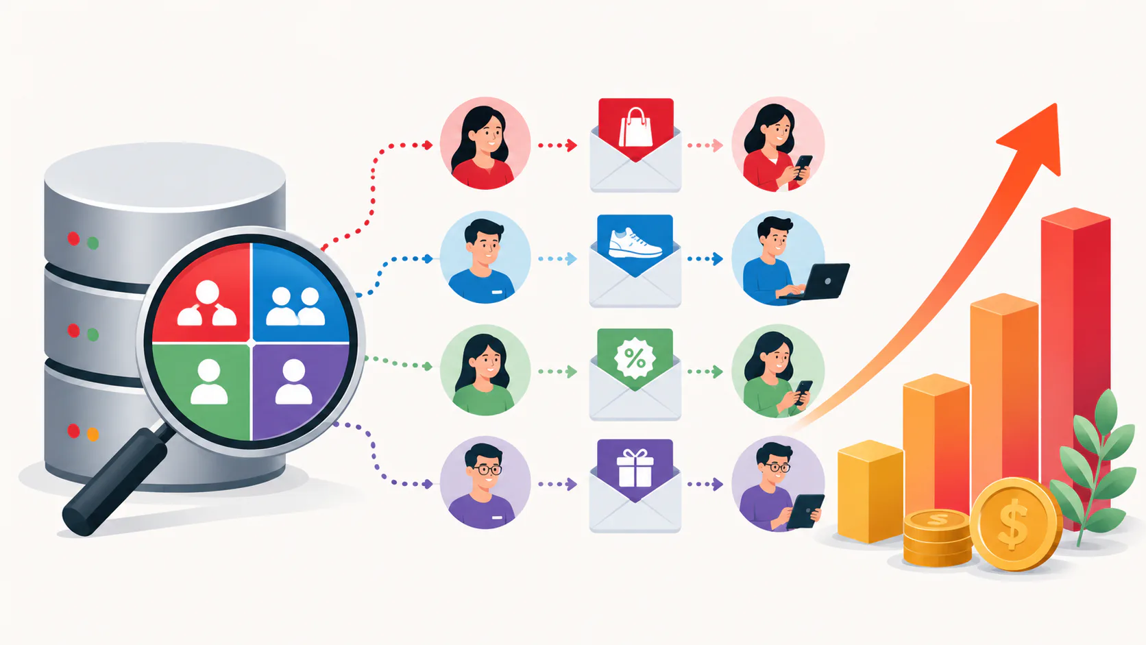 Infographic showing database segmentation workflow with customer profiles, email categories, and revenue growth chart. Left side displays database icon with segmentation pie chart. Center shows fou...