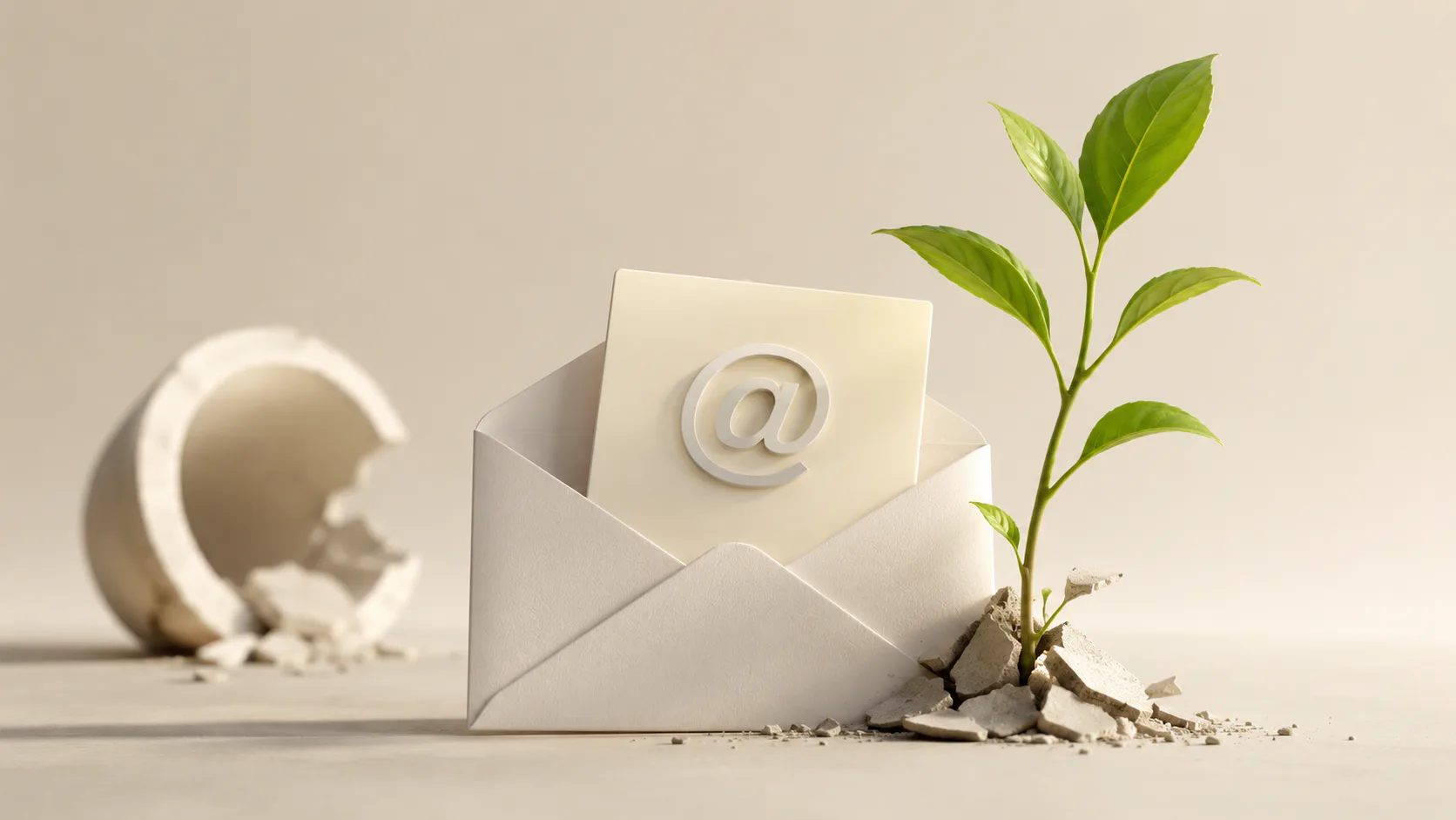 3D illustration of an open envelope with an @ symbol on a card, broken eggshell, and green plant sprouting from soil, representing email marketing growth and sustainable business channels.