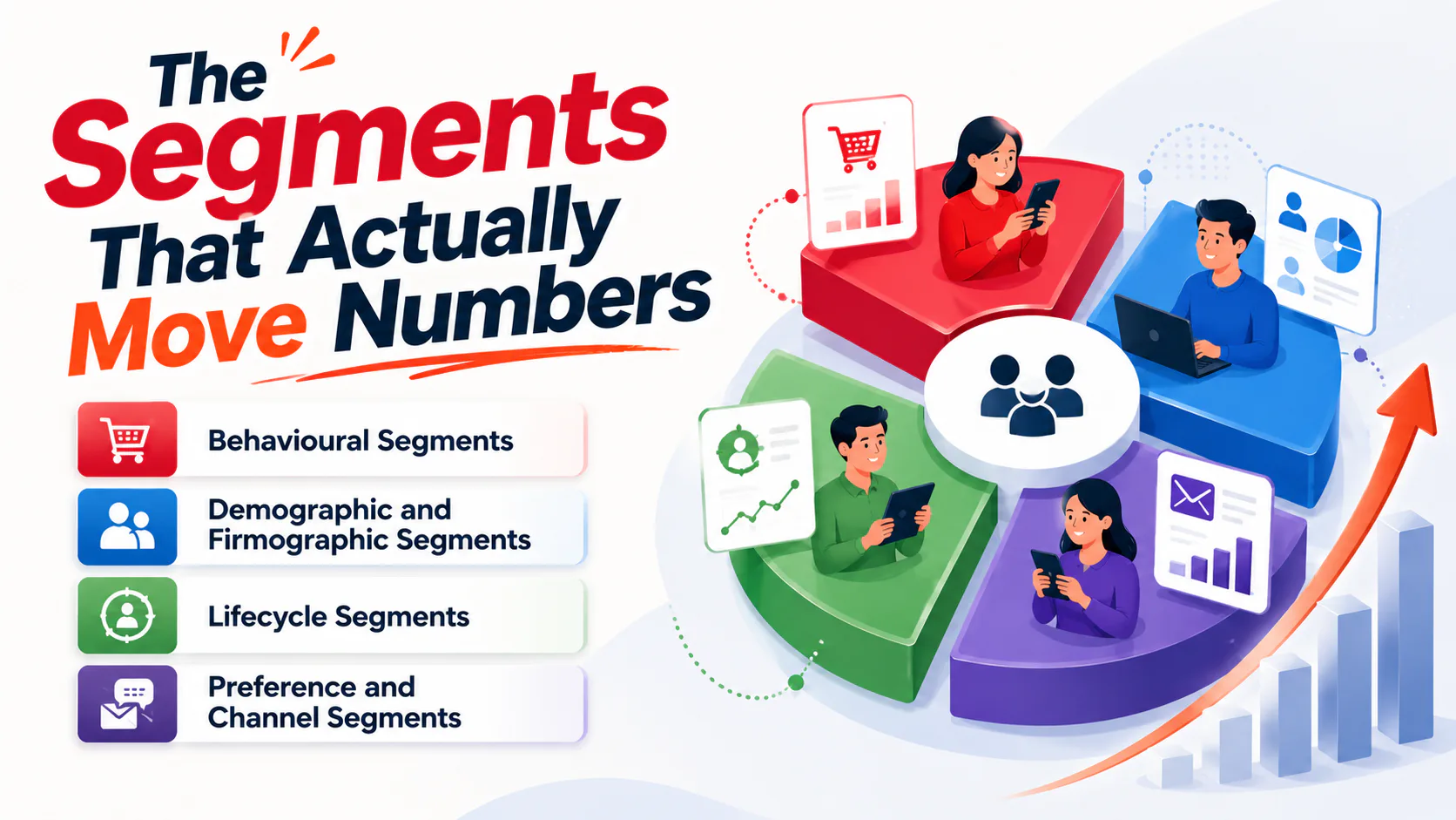Infographic showing four email segmentation types: behavioral segments with shopping cart icon, demographic and firmographic segments with people icon, lifecycle segments with user profile icon, an...