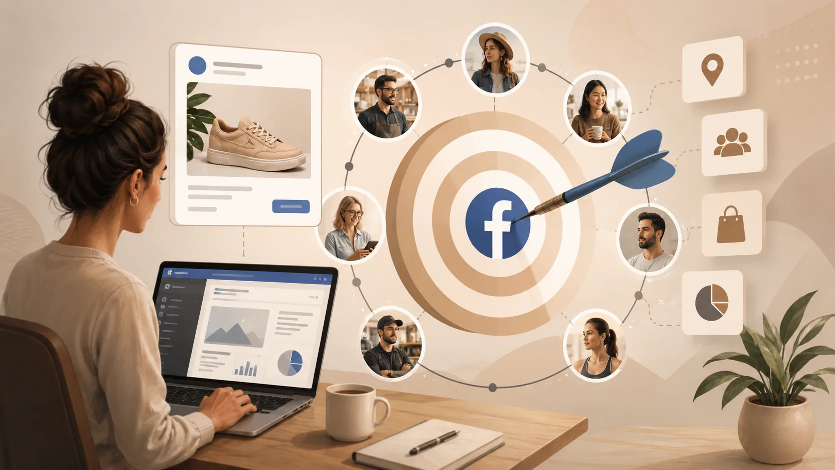 Woman at laptop viewing Facebook ads dashboard with central target showing Facebook logo, surrounded by diverse user profile circles connected by lines, flanked by marketing icons including locatio...