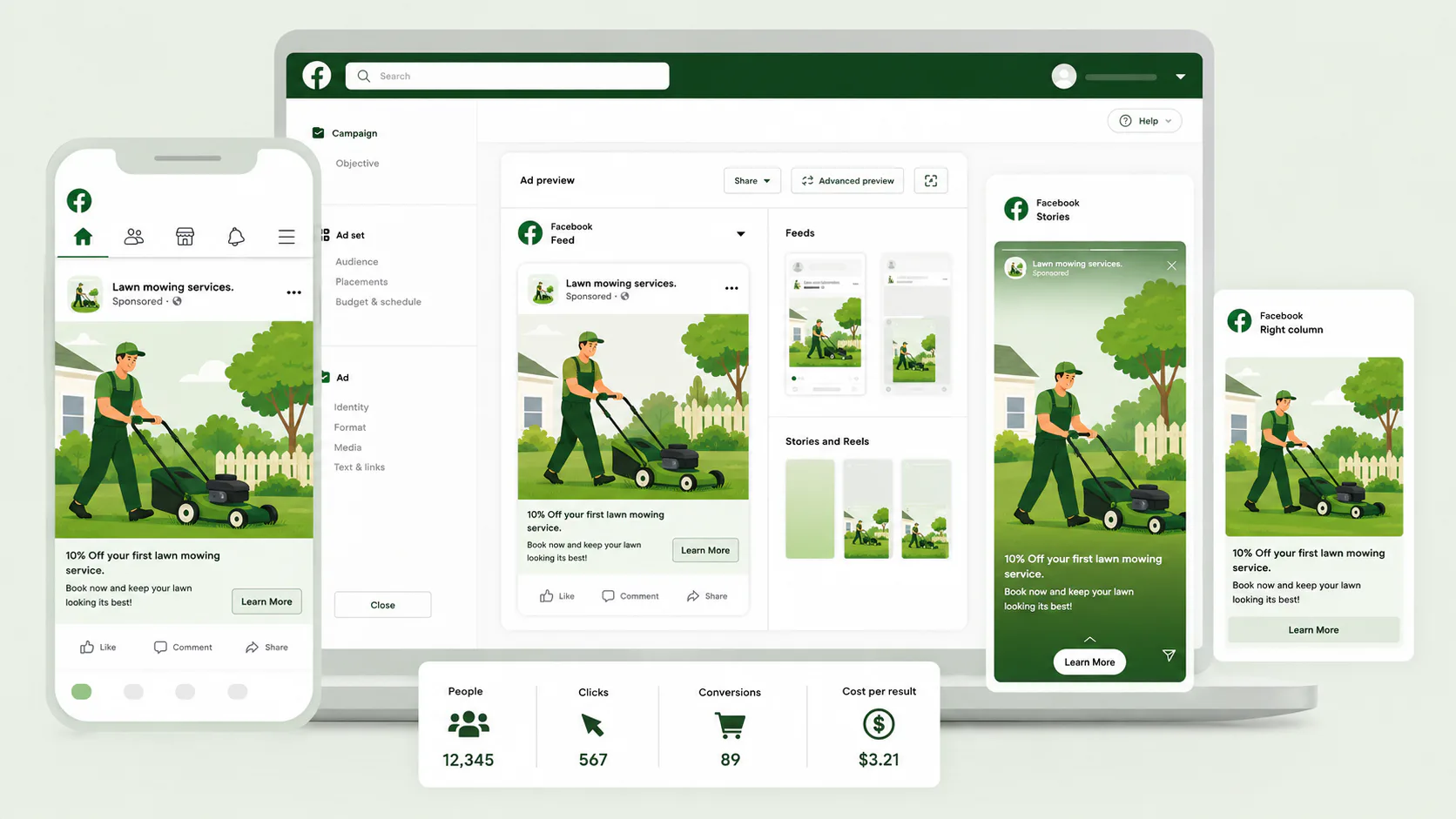 Facebook advertising campaign interface showing lawn mowing service ad preview across mobile and desktop platforms. Male worker in green uniform operating black push mower in residential yard with ...