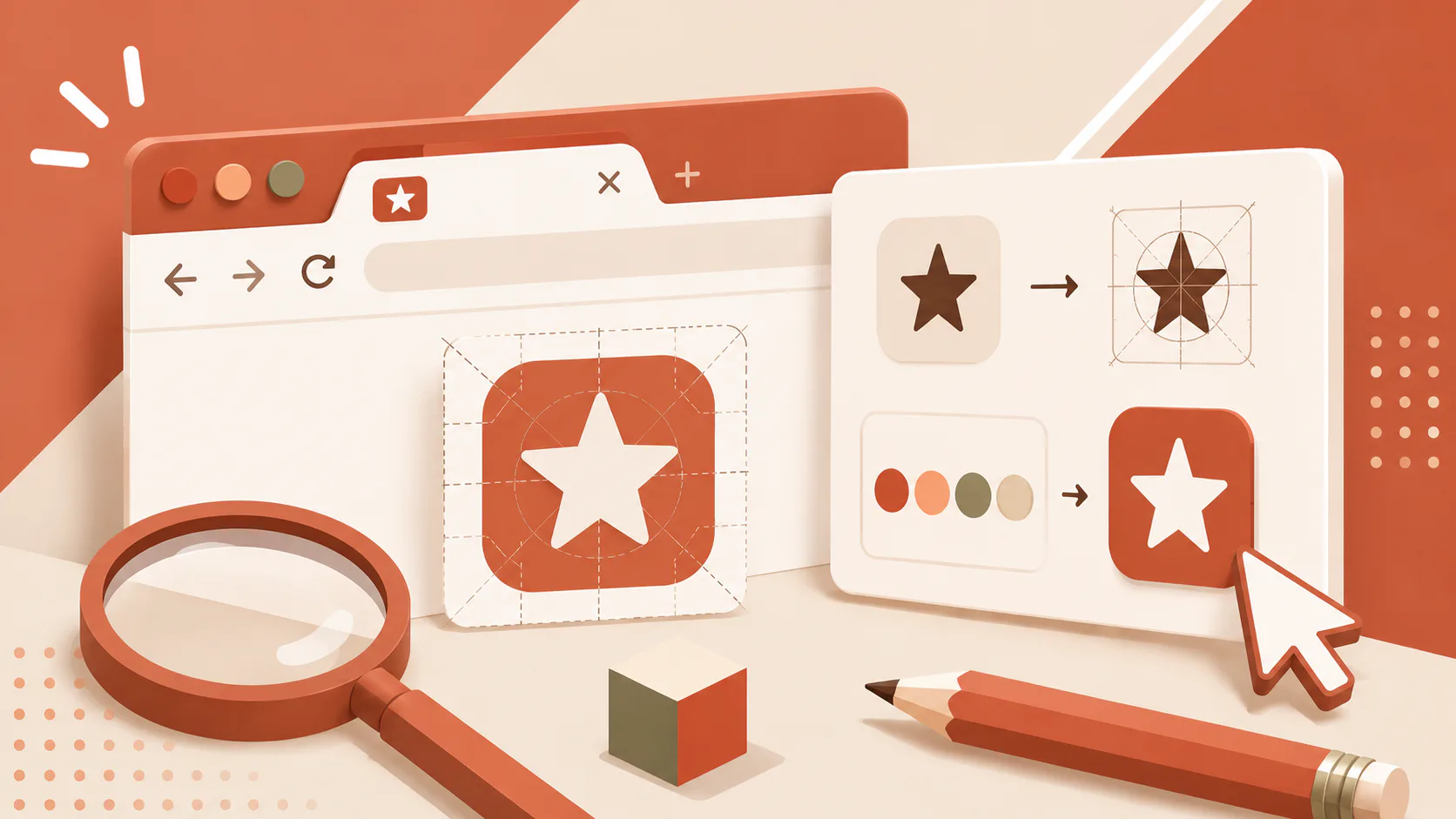 3D illustration showing favicon creation workflow with browser window, star icons in different colors and sizes, magnifying glass, design tools, color palette, and measurement guides on orange and ...