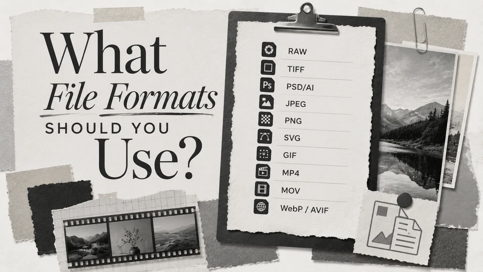 Clipboard showing a checklist of digital file formats including RAW, TIFF, PSD/AI, JPEG, PNG, SVG, GIF, MP4, MOV, and WebP/AVIF with icons, surrounded by vintage photographs and film strips on text...