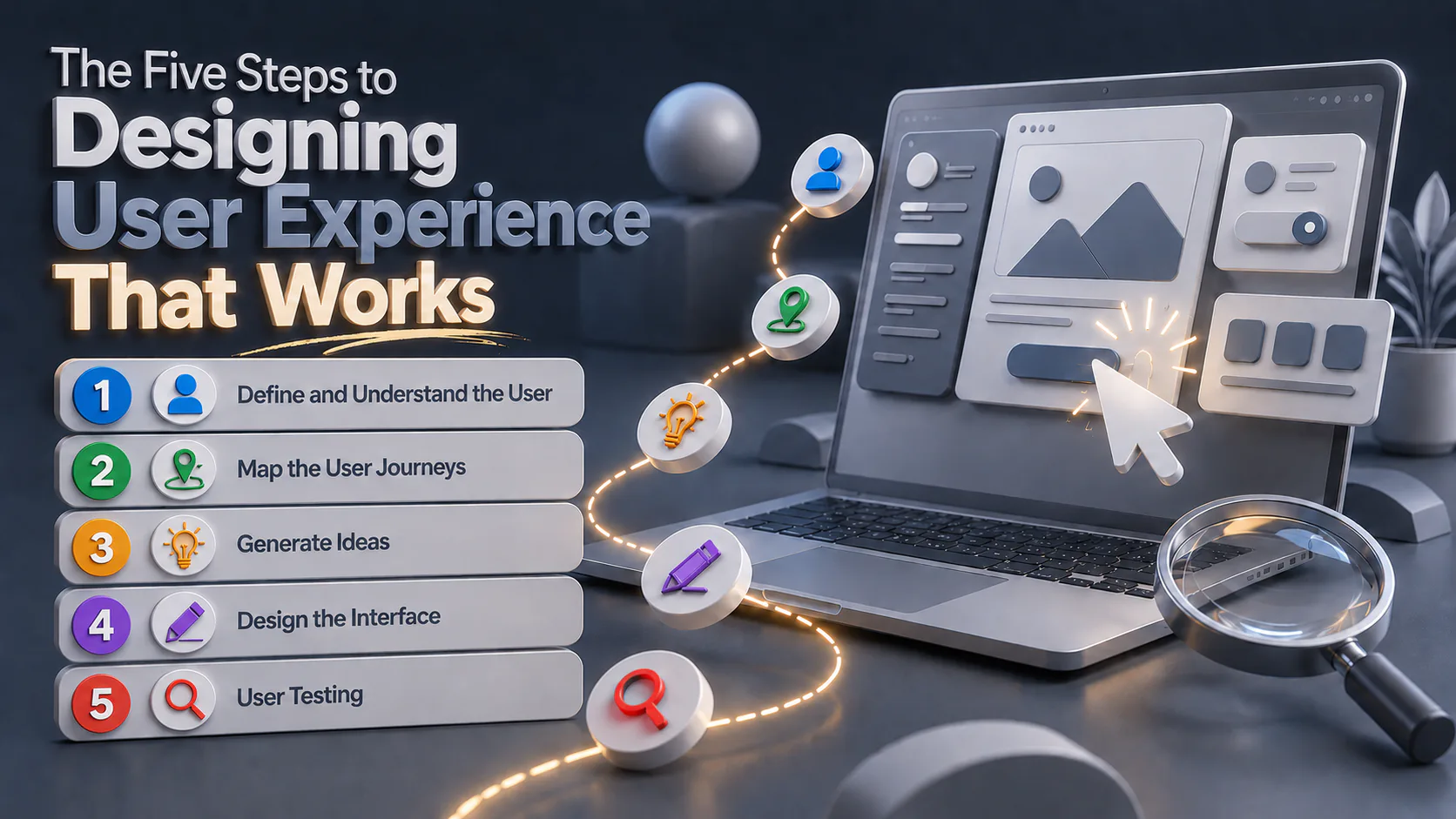 Infographic showing five UX design steps connected by a glowing path: define users, map journeys, generate ideas, design interface, and user testing, displayed on laptop and device screens.
