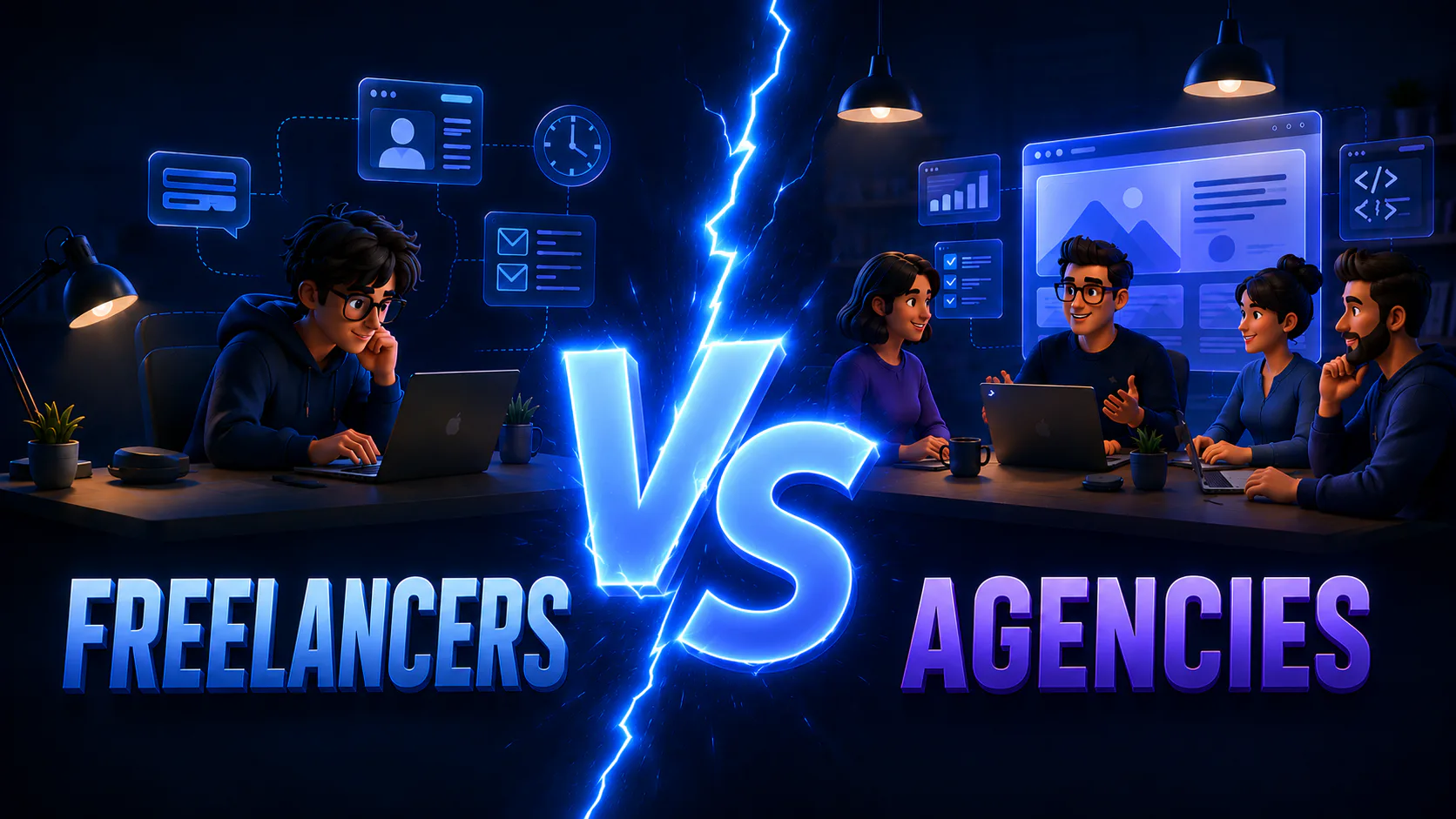 Illustration comparing a single freelancer on left versus team of agency professionals on right, divided by glowing VS lightning bolt symbol, representing the structural differences between hiring ...