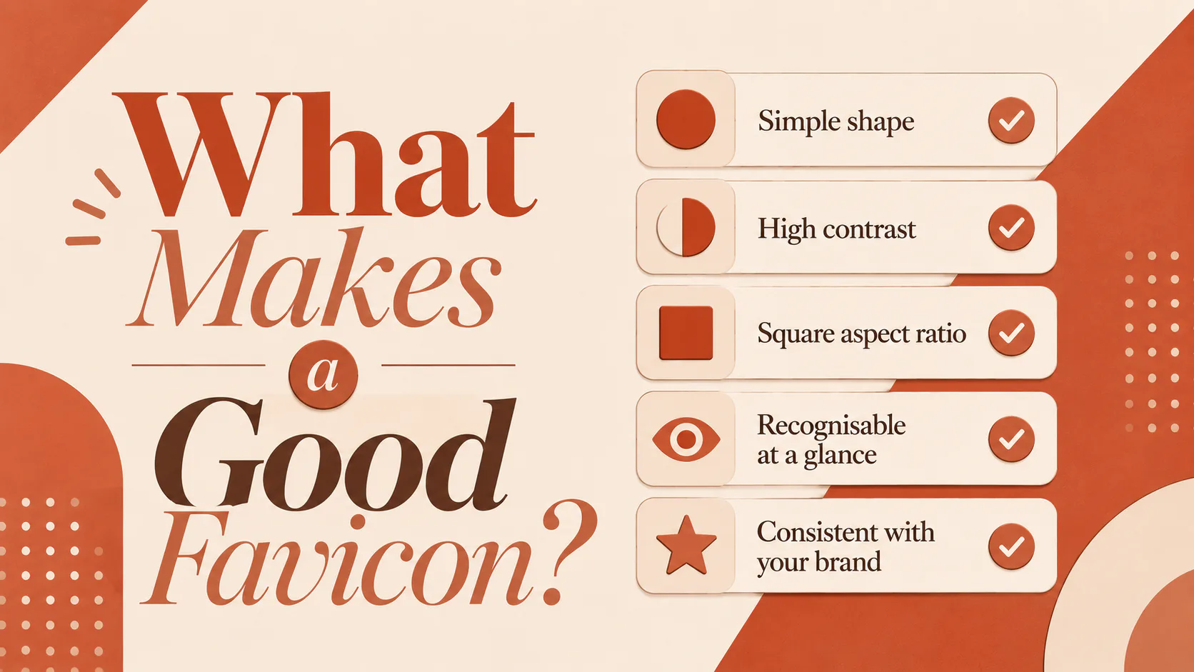 Infographic showing five checkmarked criteria for good favicon design: simple shape with circle icon, high contrast with half-circle icon, square aspect ratio with square icon, recognisable at a gl...