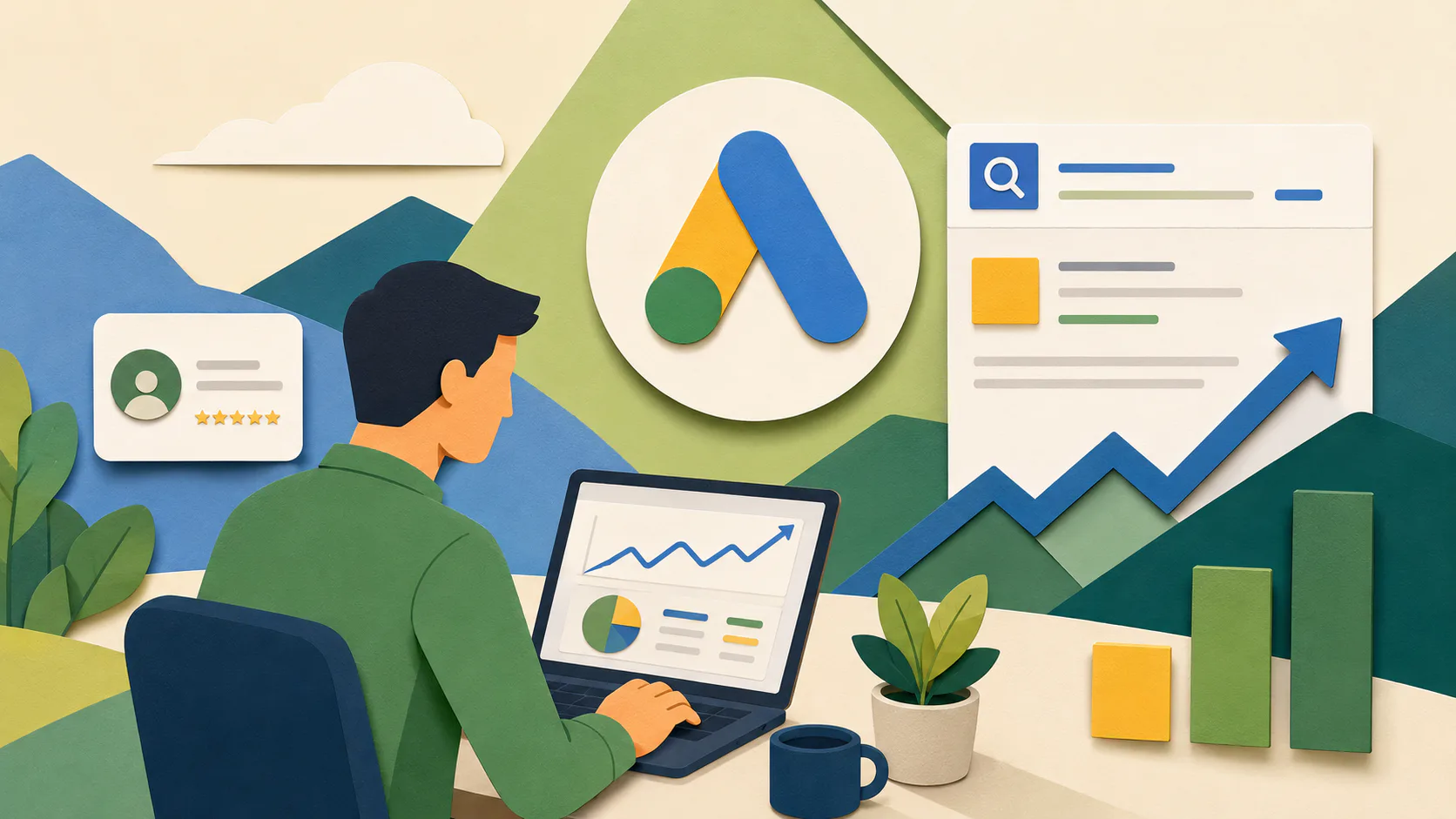 Illustration of a professional reviewing Google Ads analytics on a laptop displaying growth charts, with the Google Ads logo, search results mockup, and upward trending arrows in the background.
