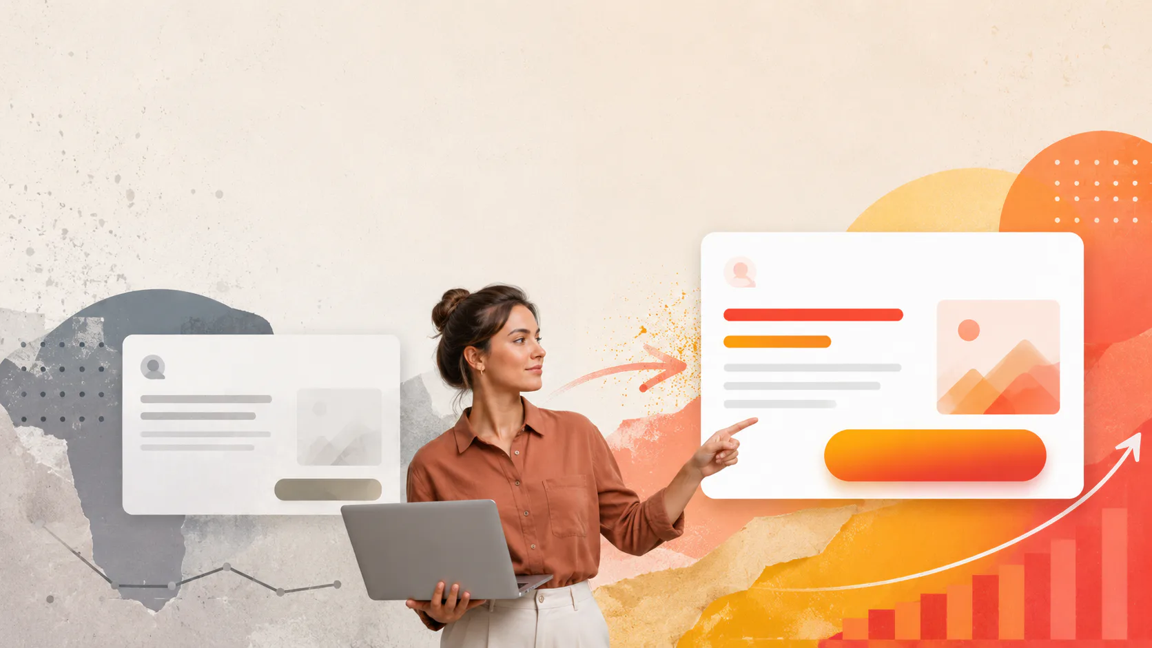 Woman in terracotta shirt holding laptop pointing to digital interface mockup displaying call-to-action elements, colorful buttons, and analytics dashboard with upward trending arrow and charts