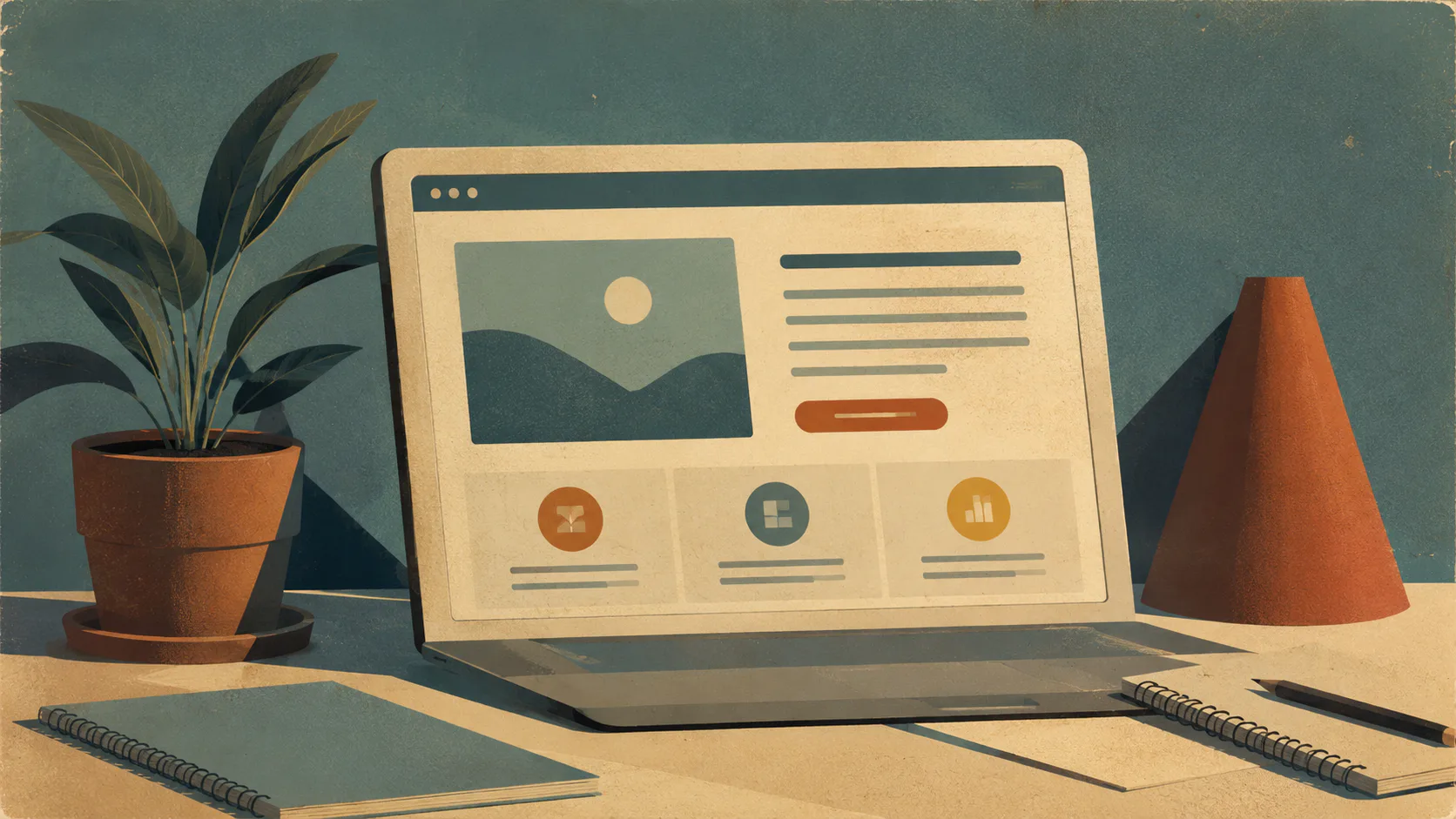 Vintage-style illustration of a laptop displaying a website layout with image placeholder, text sections, and three feature icons, surrounded by potted plant, notebook, and geometric shapes on desk