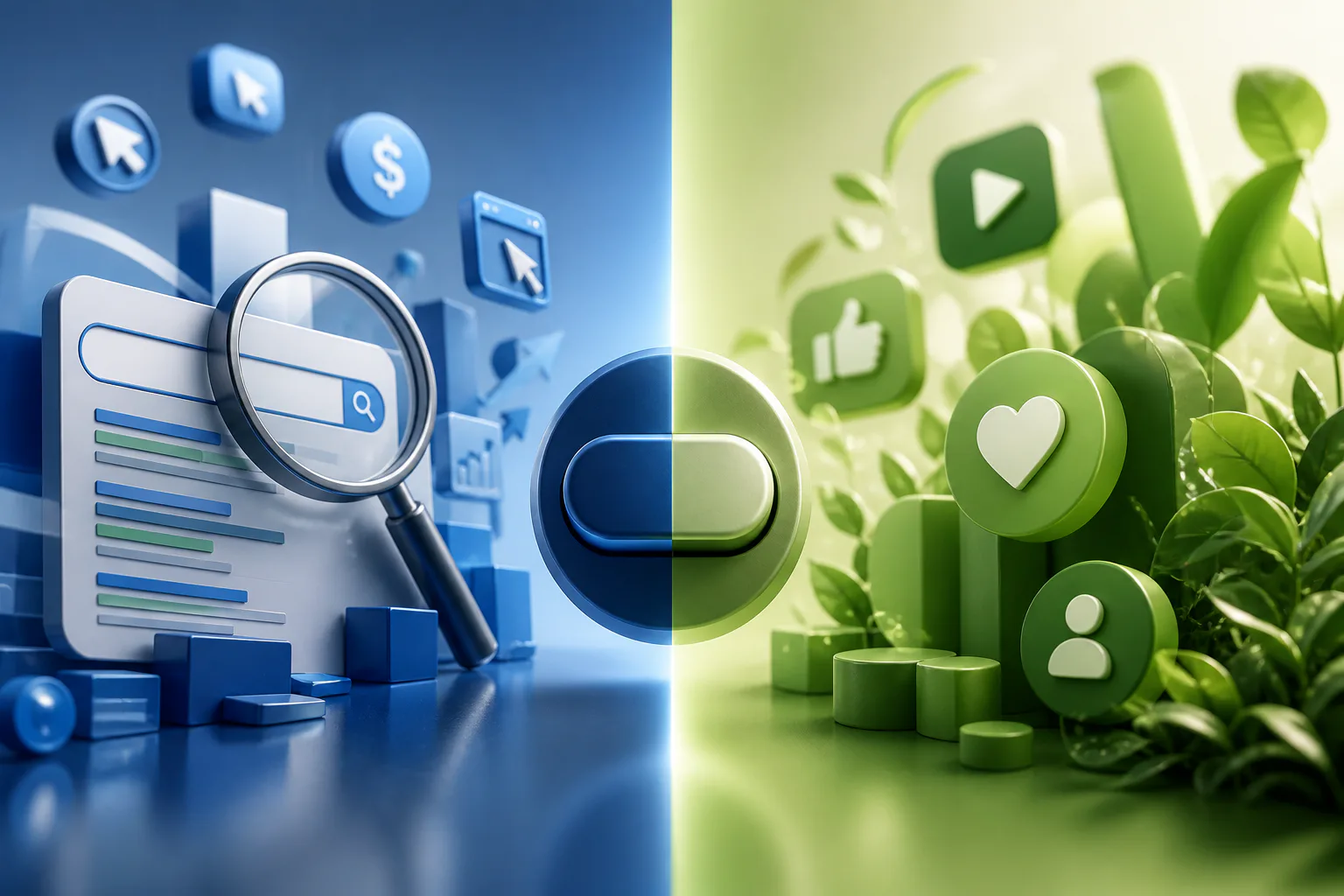 Split-screen illustration showing digital marketing analytics on left with search icons and magnifying glass, transitioning to green social media icons with heart and play symbols among plant leave...