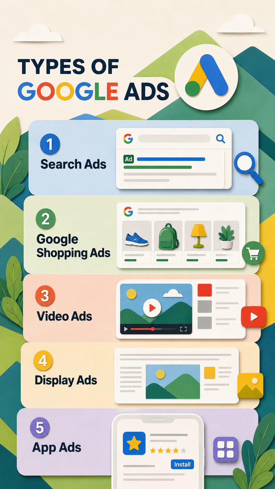Infographic showing five types of Google Ads: Search Ads with Google search interface, Shopping Ads displaying product listings, Video Ads with YouTube player, Display Ads on websites, and App Ads ...