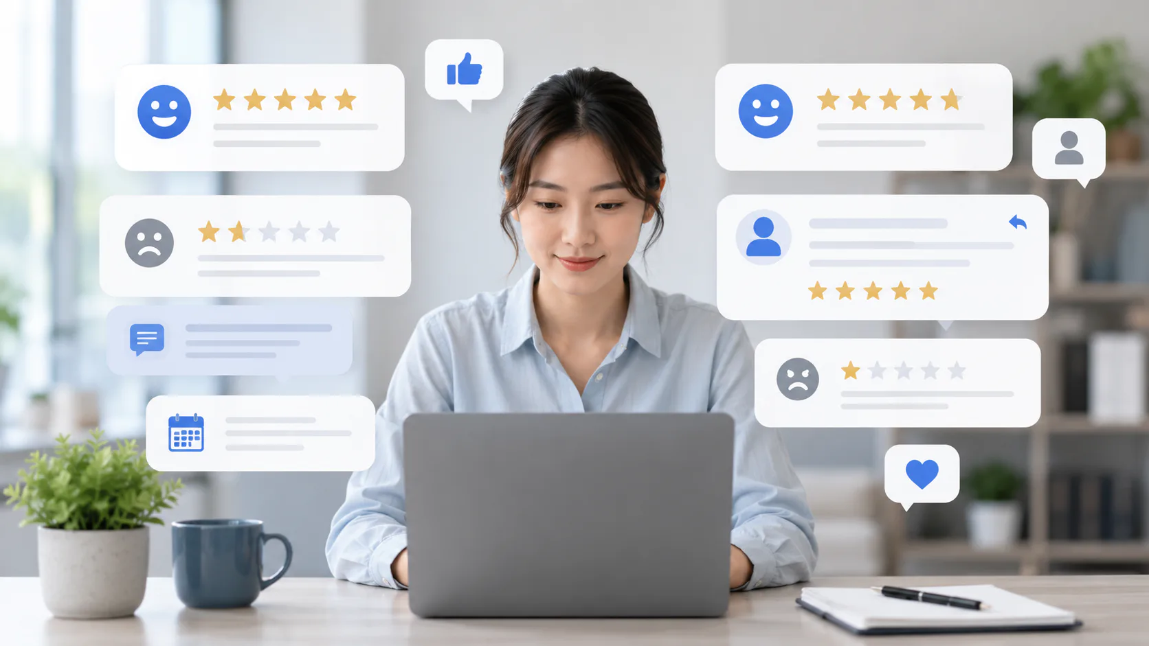 Woman at laptop viewing Google Business Profile interface displaying customer reviews with star ratings, emoji feedback icons, likes, messages, and user profile avatars in chat bubbles
