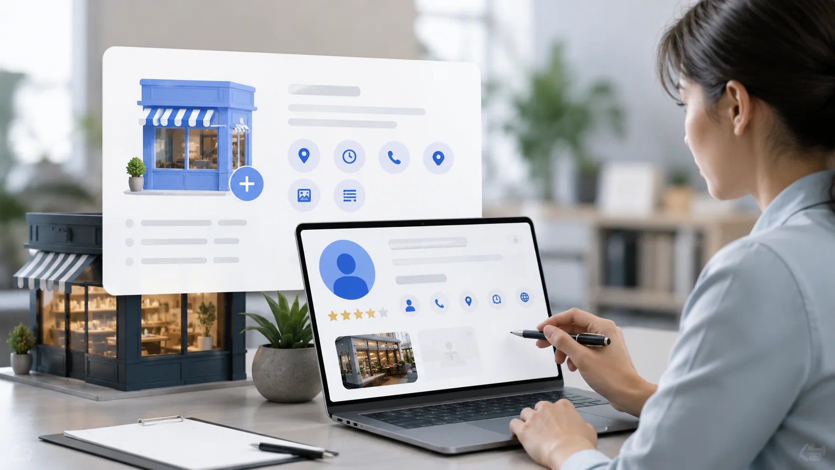 Woman at laptop viewing Google Business Profile interface with storefront images, contact icons, ratings, and business information displayed on screen and digital overlay
