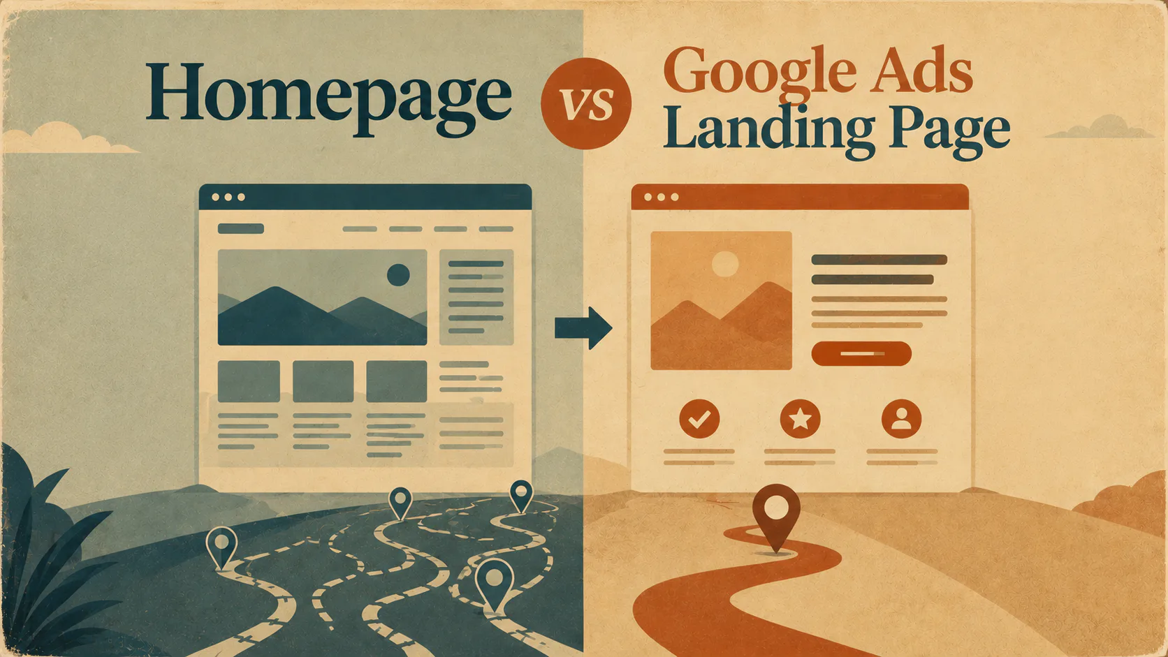 Infographic comparing homepage design on left with Google Ads landing page on right, connected by arrow, showing different layouts with navigation elements and conversion paths