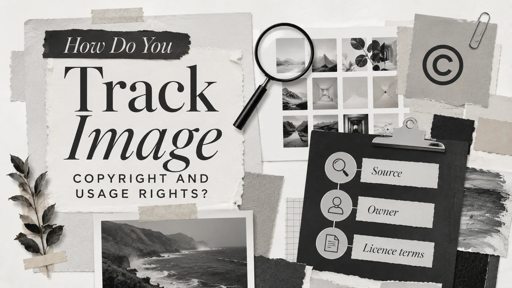 Infographic showing how to track image copyright and usage rights with three key elements: source, owner, and license terms displayed on a black card with icons and labels.