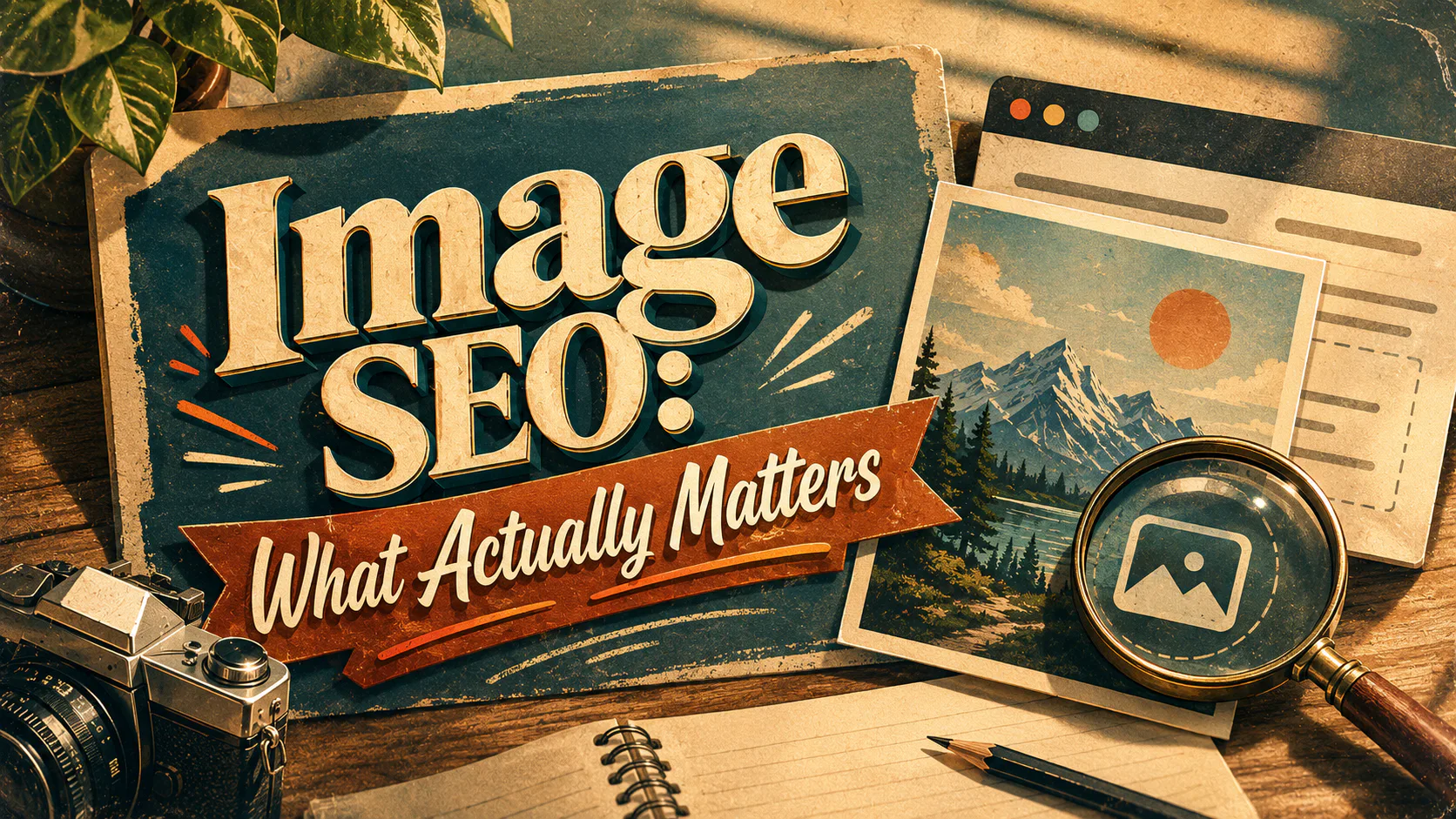 Vintage-styled infographic displaying 'Image SEO: What Actually Matters' on teal sign with orange banner, surrounded by camera, magnifying glass, vintage photographs, website mockup, and plant leav...