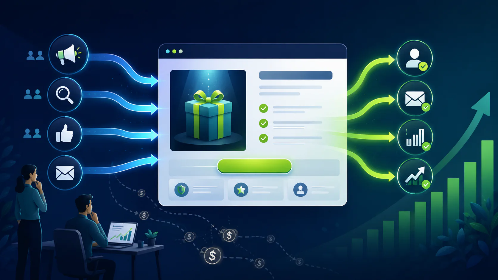 Digital marketing funnel diagram showing campaign inputs (megaphone, search, likes, email) flowing through a centered landing page with gift box offer, leading to conversion outputs (user profile, ...