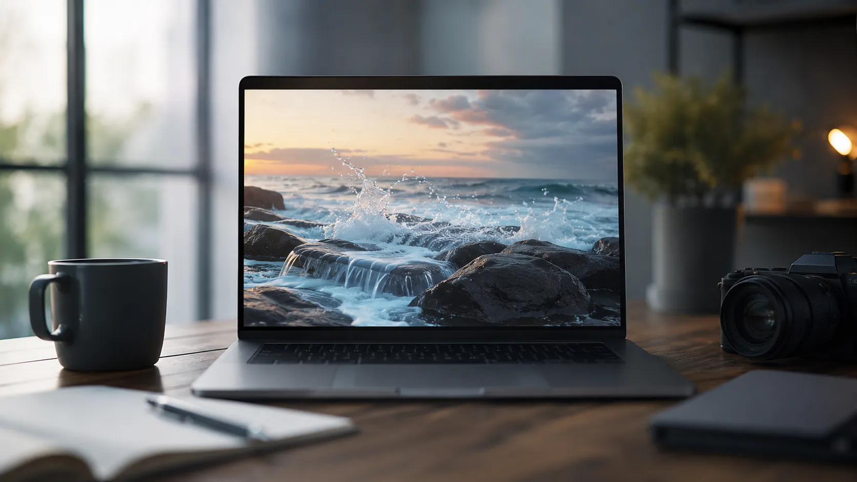 Laptop screen showing ocean waves crashing over rocks at sunset, displayed on a wooden desk with coffee mug and camera beside it near a window