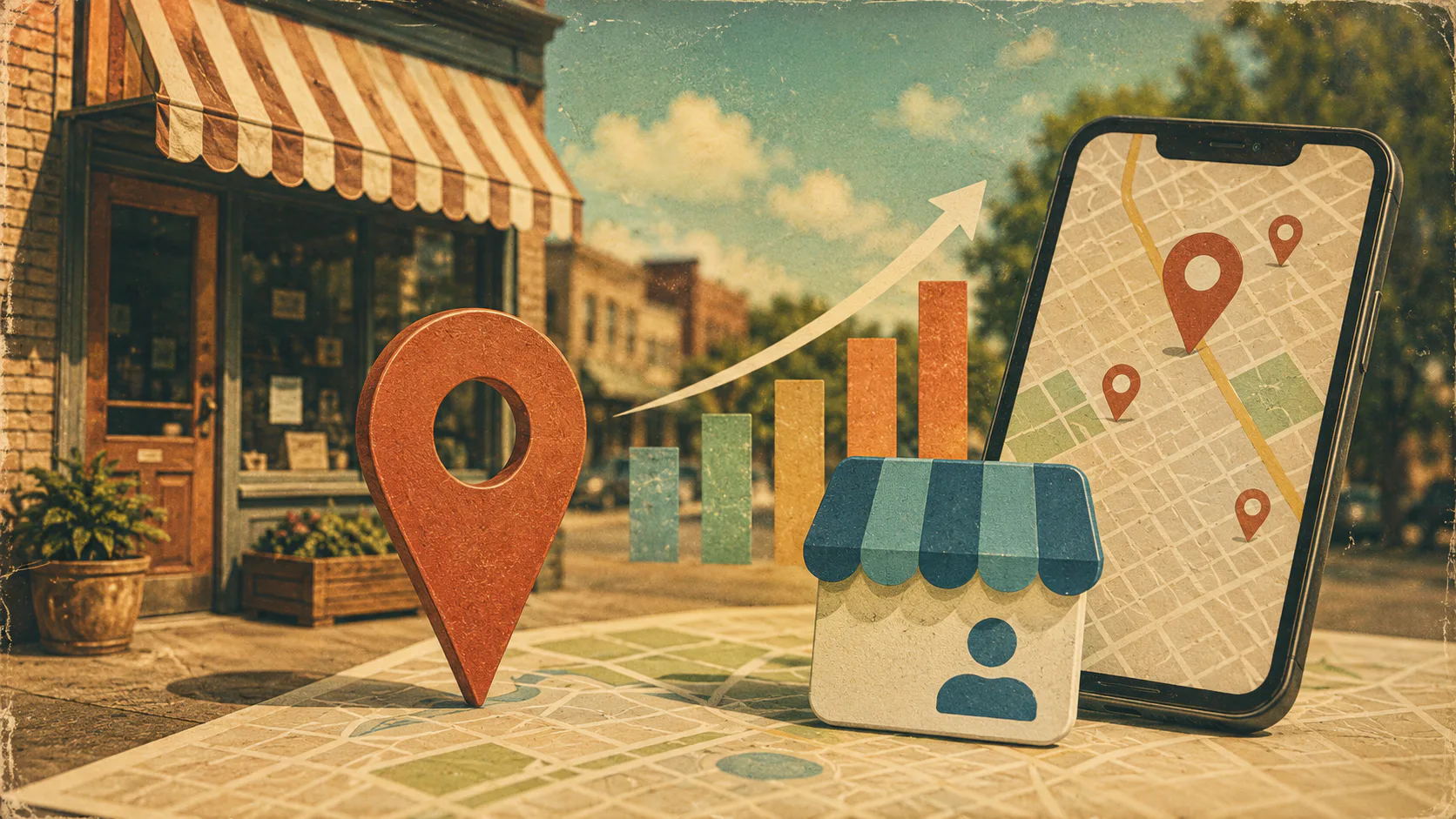 Vintage-styled illustration showing a storefront with location pin, growth chart, smartphone displaying map with location markers, and upward trending arrow symbolizing local business expansion.
