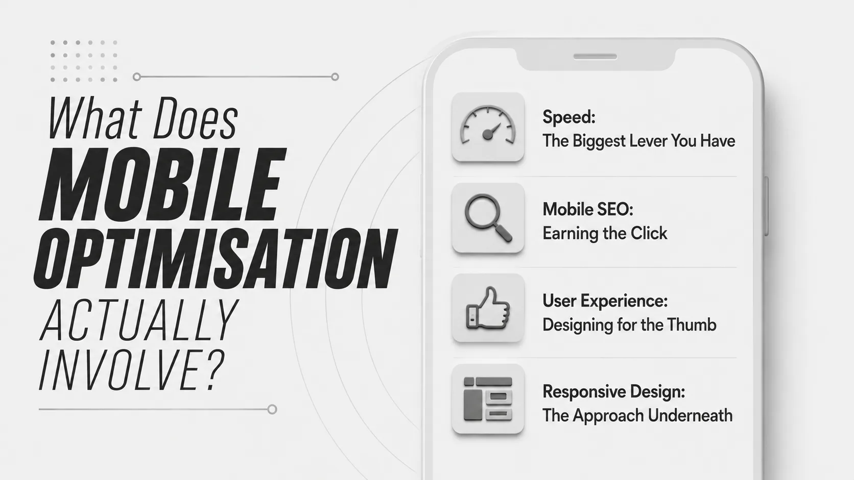 Smartphone displaying four mobile optimization pillars: Speed with speedometer icon, Mobile SEO with search icon, User Experience with thumbs-up icon, and Responsive Design with layout icon