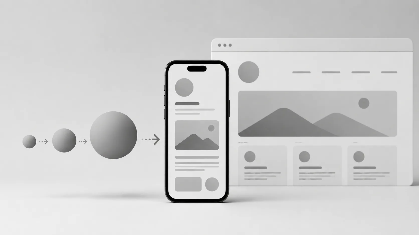 Illustration showing progressive scaling of spheres from small to large, leading to a smartphone displaying a profile layout, with a desktop browser window in the background showing a responsive gr...