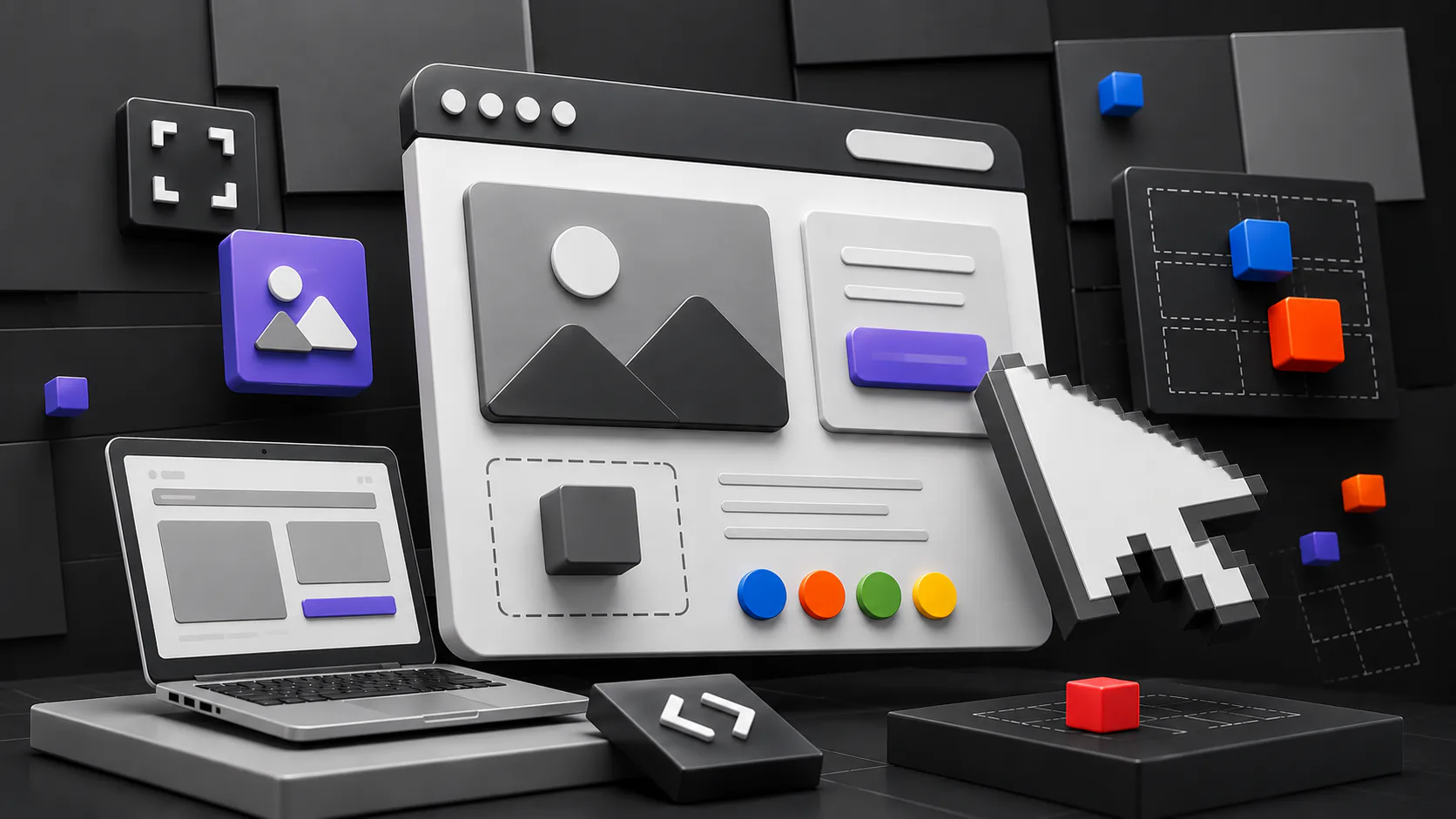 3D illustration of no-code website builder interface showing drag-and-drop components, color palette, layout templates, laptop with wireframe, and design asset icons on dark background.