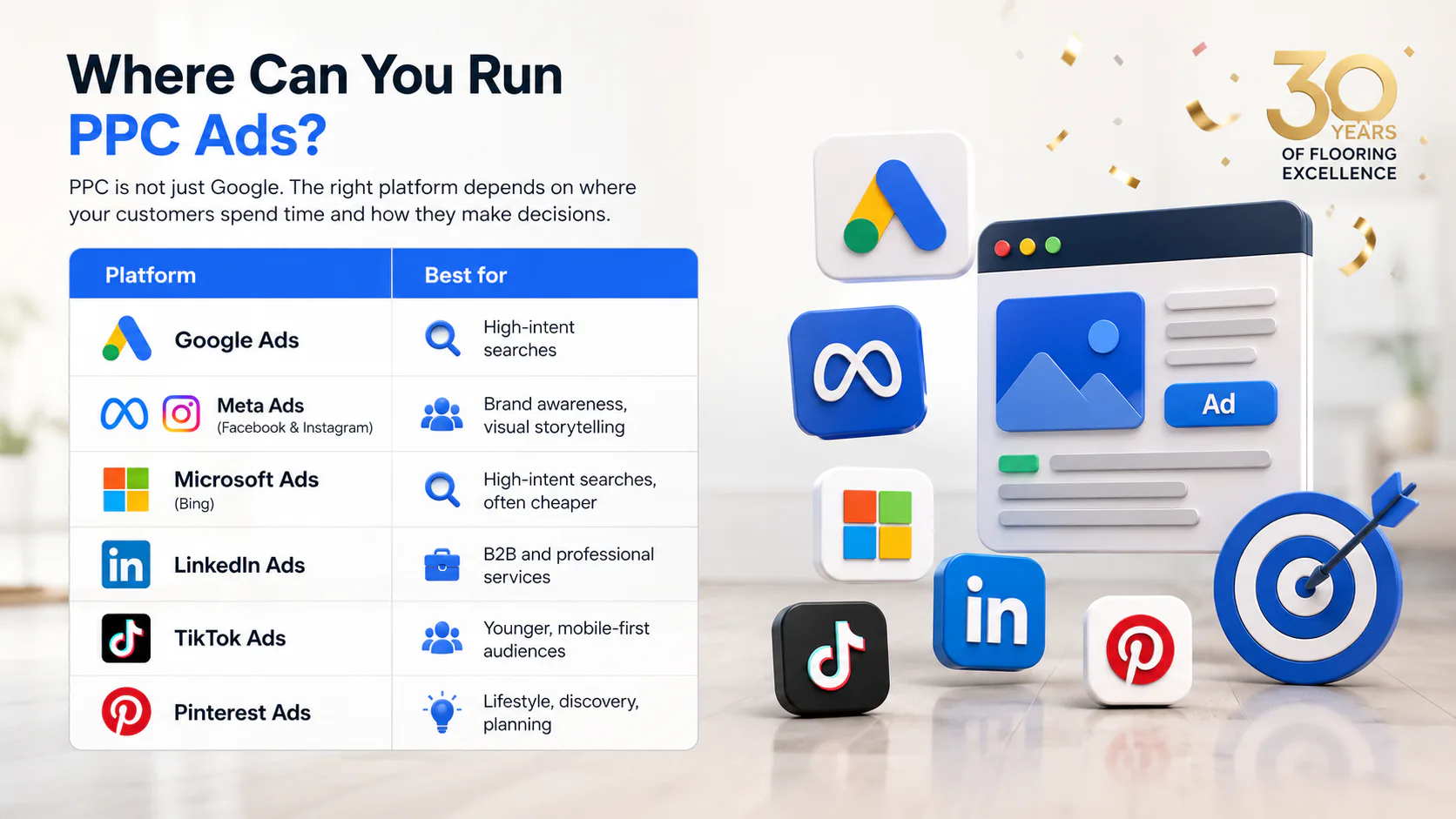 Comparison table showing six PPC platforms (Google Ads, Meta, Microsoft Ads, LinkedIn, TikTok, Pinterest) with their logos, best uses, and target audiences. Decorative icons of platform apps and ta...