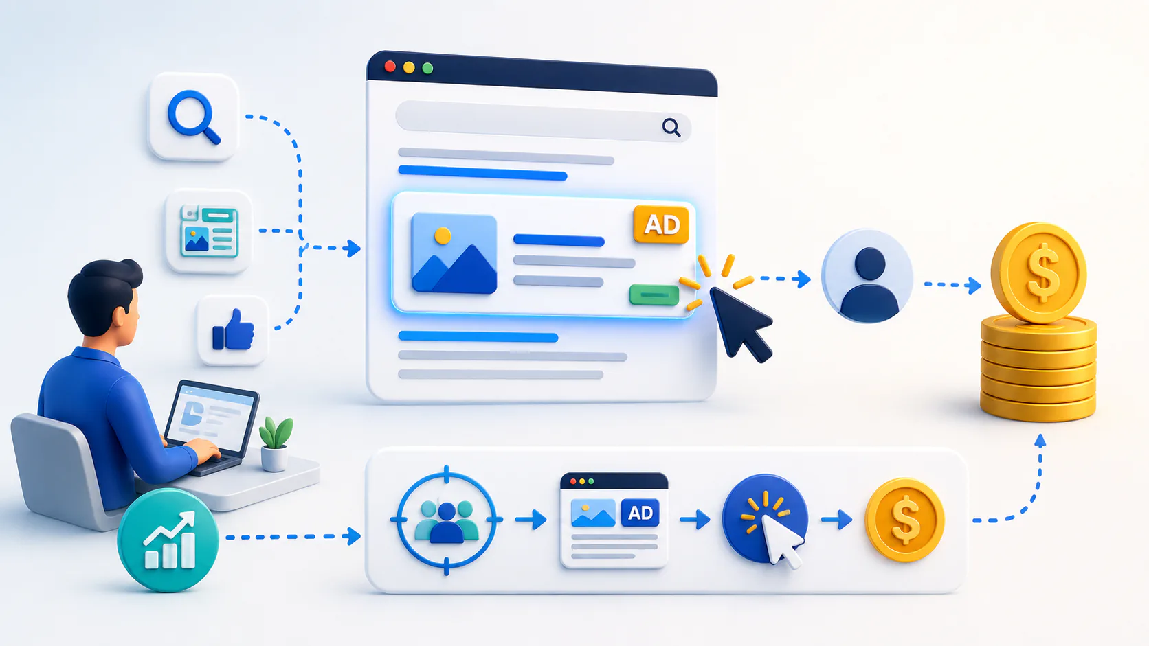 Illustration showing PPC advertising workflow with person at computer, search and social icons flowing to browser windows with ads, then to user profile and stacked dollar coins representing revenue