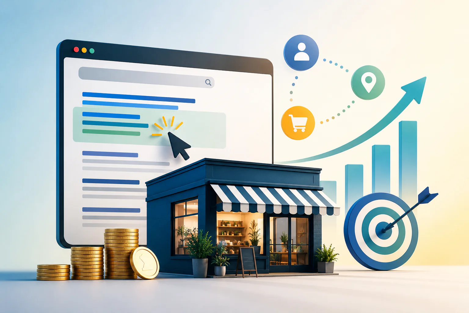 Illustration showing small blue storefront with stacked coins, computer monitor displaying analytics, upward trending arrow, target bullseye, and icons representing users, location, and shopping ca...