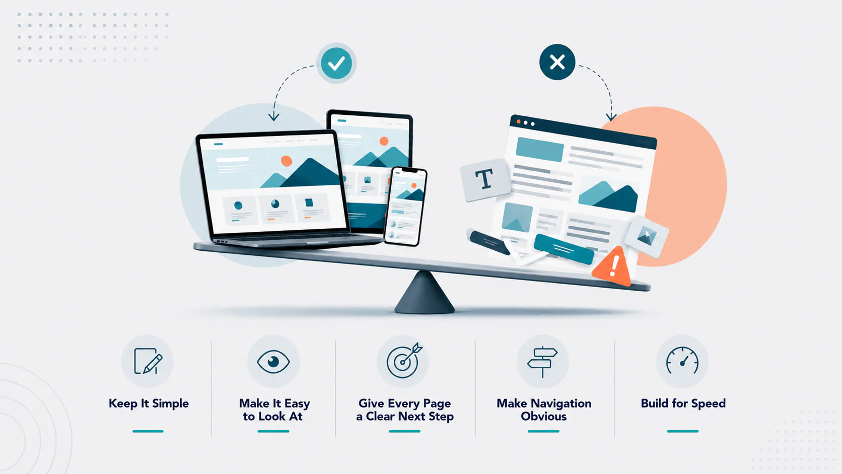 Balance scale showing responsive website design principles: checkmark on left represents correct responsive approach with devices displaying properly, X on right shows poor design with warning icon...
