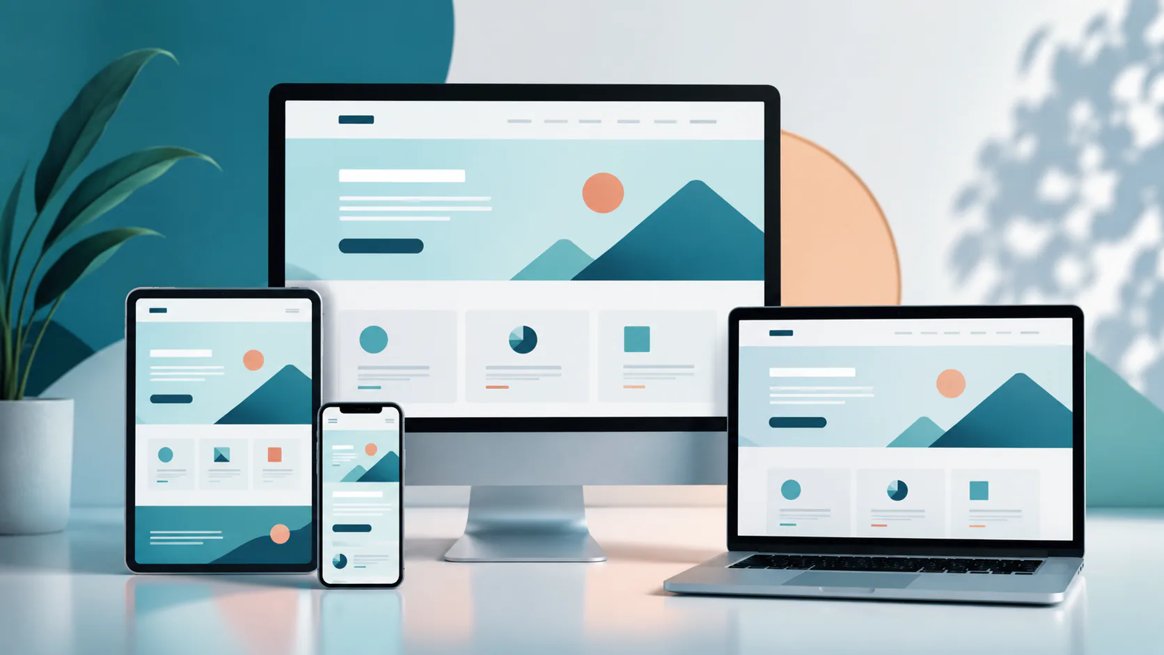 Multiple devices displaying the same website with responsive design: smartphone, tablet, desktop monitor, and laptop arranged together, showing consistent layout with teal mountains, coral accents,...